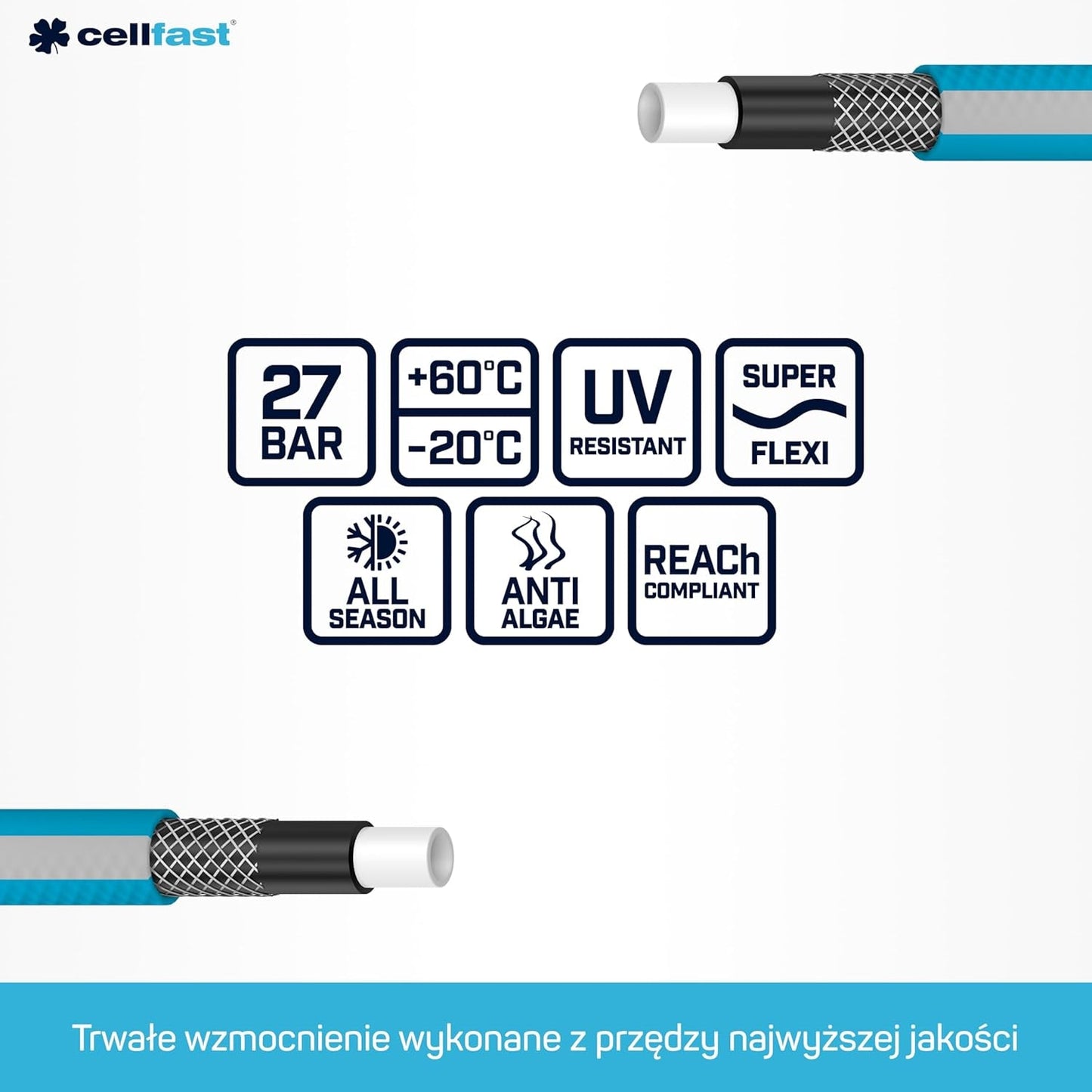 Sada zahradních hadic Cellfast Ideal, robustní, flexibilní, 4vrstvá, sprinklerová, odolná vůči UV záření a řasám, Technologie Reach, 27 bar, -20/+60° krátkodobě, 1/2 palce, 20 m