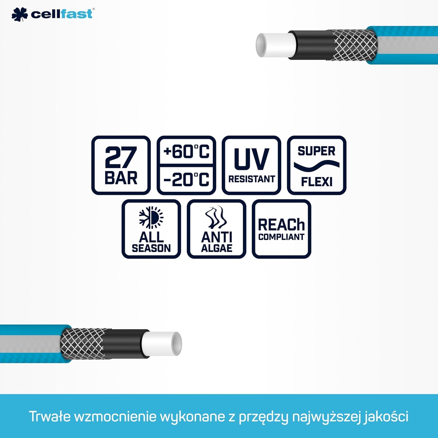 Sada zahradních hadic Cellfast Ideal, robustní, flexibilní, 4vrstvá, sprinklerová, odolná vůči UV záření a řasám, Technologie Reach, 27 bar, -20/+60° krátkodobě, 1/2 palce, 20 m