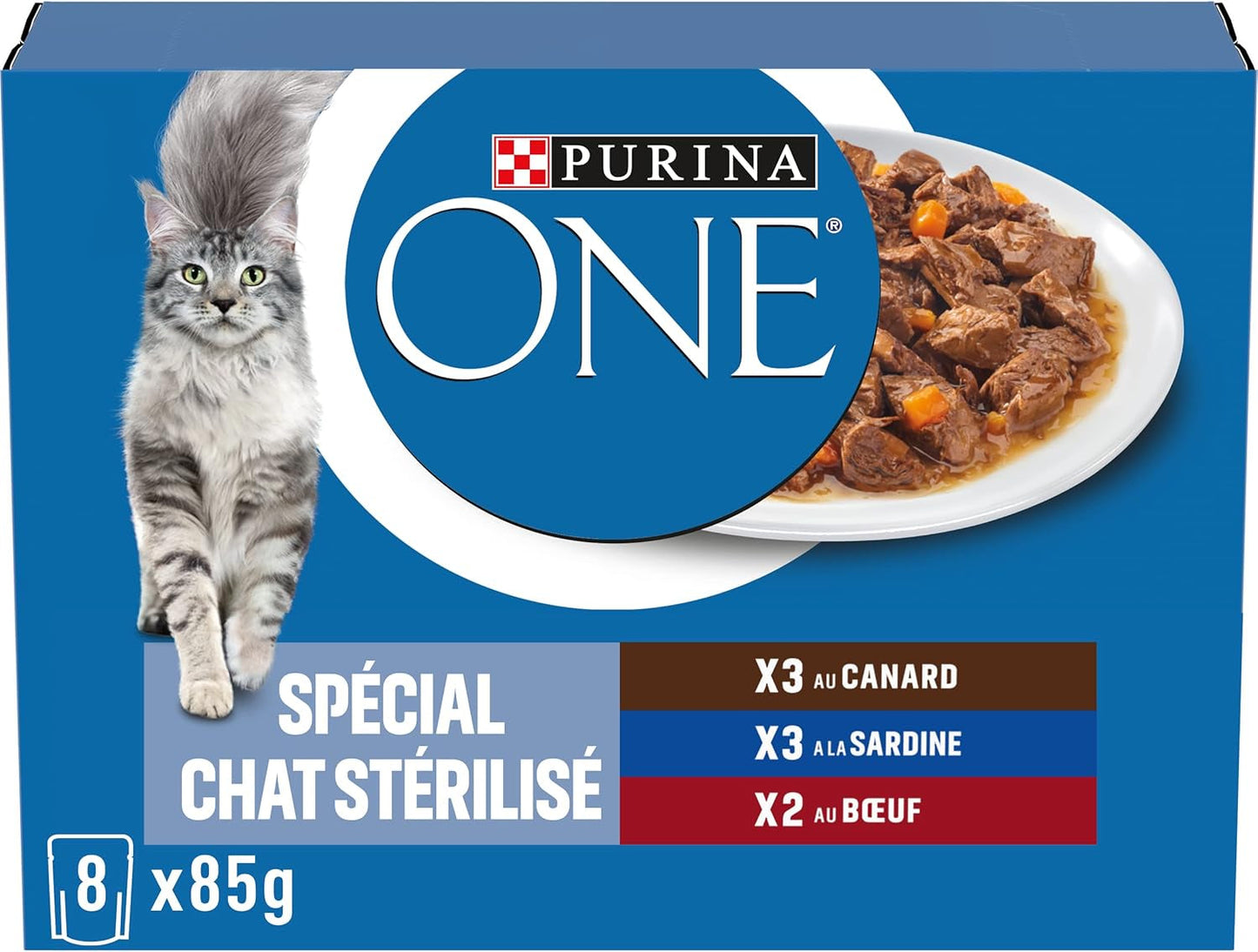 PURINA ONE | BIFENSIS | Krmivo pro sterilizované dospělé kočky | Podporuje kočičí vitalitu, kosti, svaly a klouby | V omáčce | Kapsičky s kachnou, sardinky, hovězí maso, čerstvost | 1 kus (8 x 85 g)