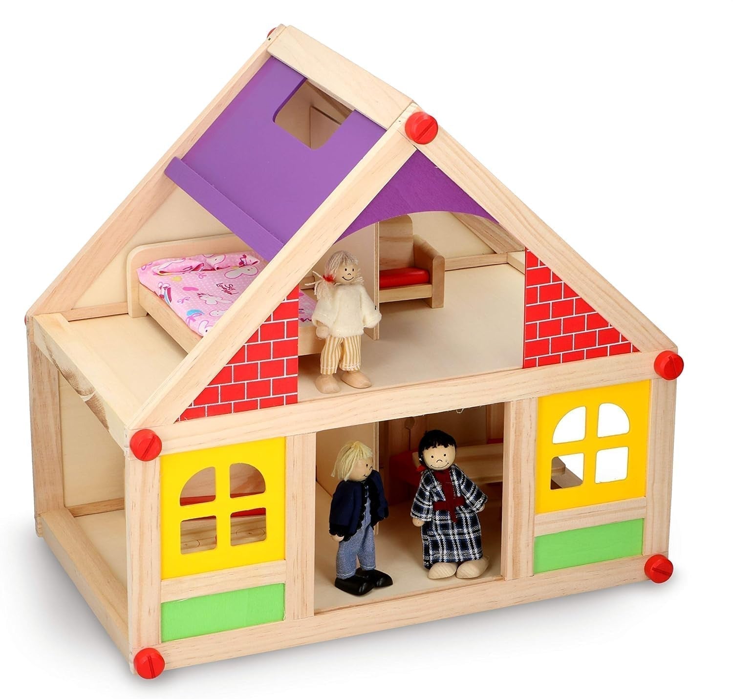 Loutky Wooden Toys - Dřevěný domeček pro panenky s nábytkem a panenkami - 11 kusů Domky pro panenky Naty Shop