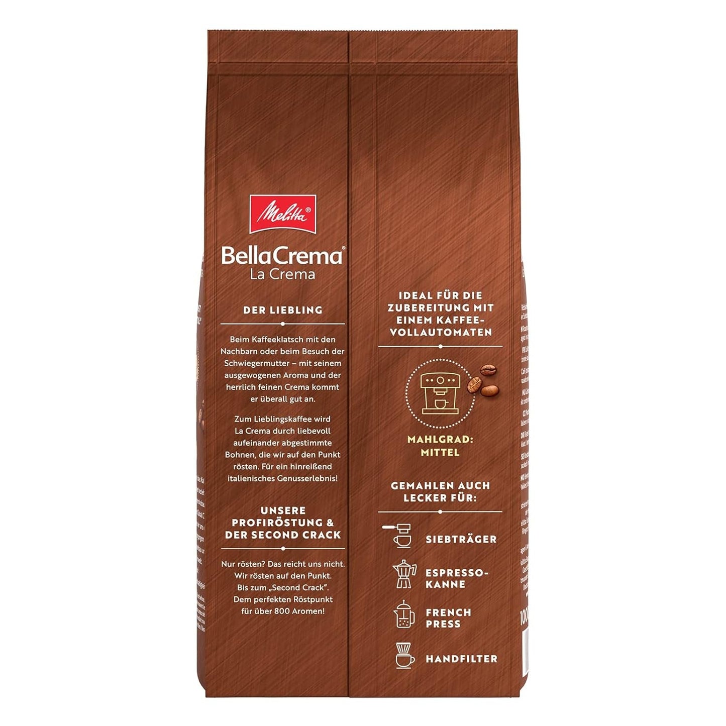 Melitta BellaCrema La Crema zrnková káva 1 kg a BellaCrema Decaffeinato zrnková káva bez kofeinu 1 kg