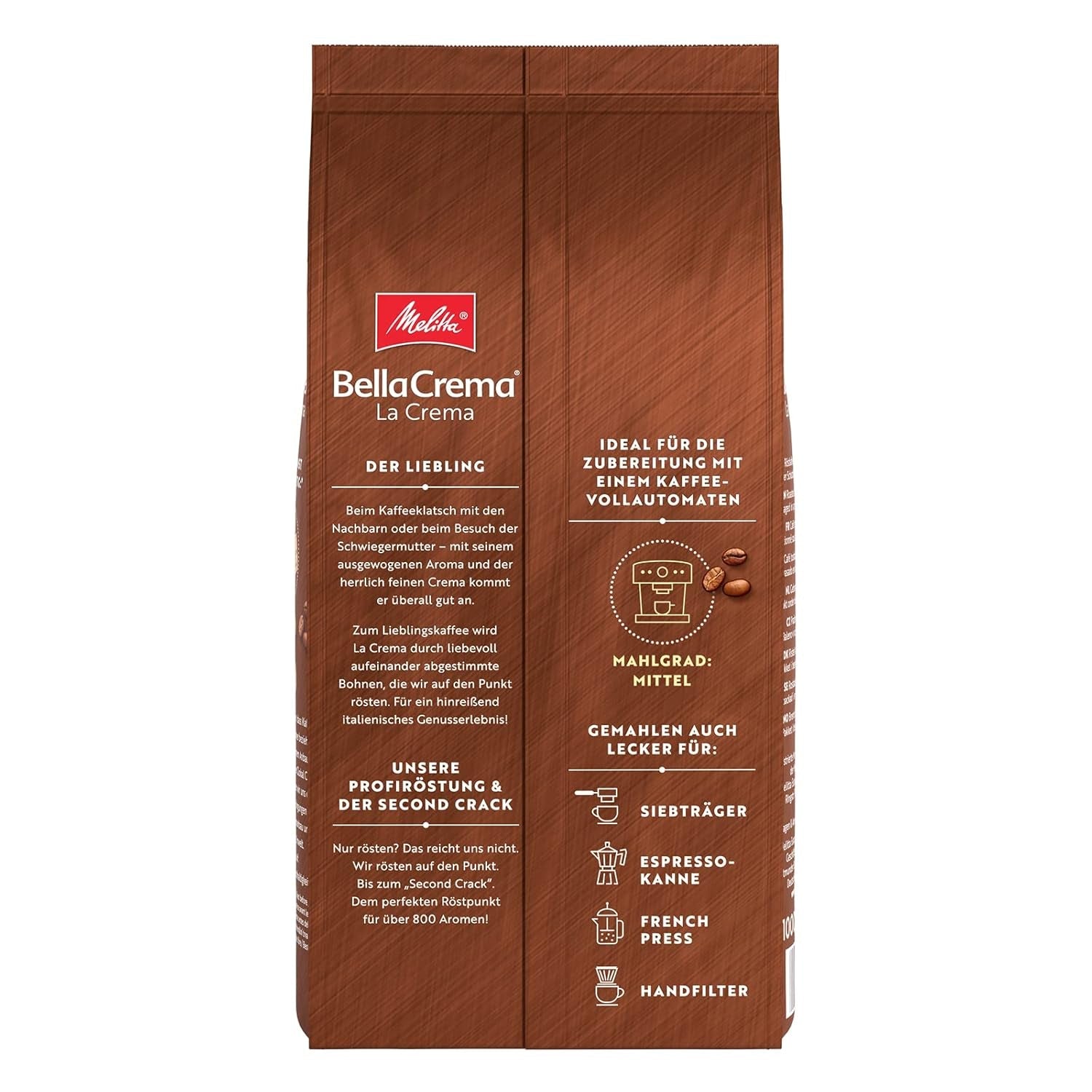 Melitta BellaCrema La Crema zrnková káva 1 kg a BellaCrema Decaffeinato zrnková káva bez kofeinu 1 kg