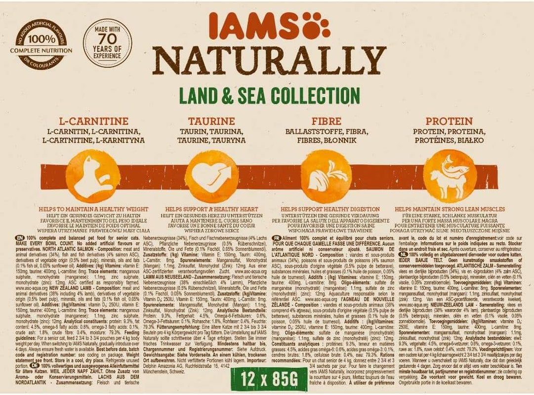 IAMS Naturally Senior Mokré krmivo v omáčce - Vysoce kvalitní mokré krmivo pro maso a ryby pro starší kočky, Land & Sea Collection, 12 x 85 g