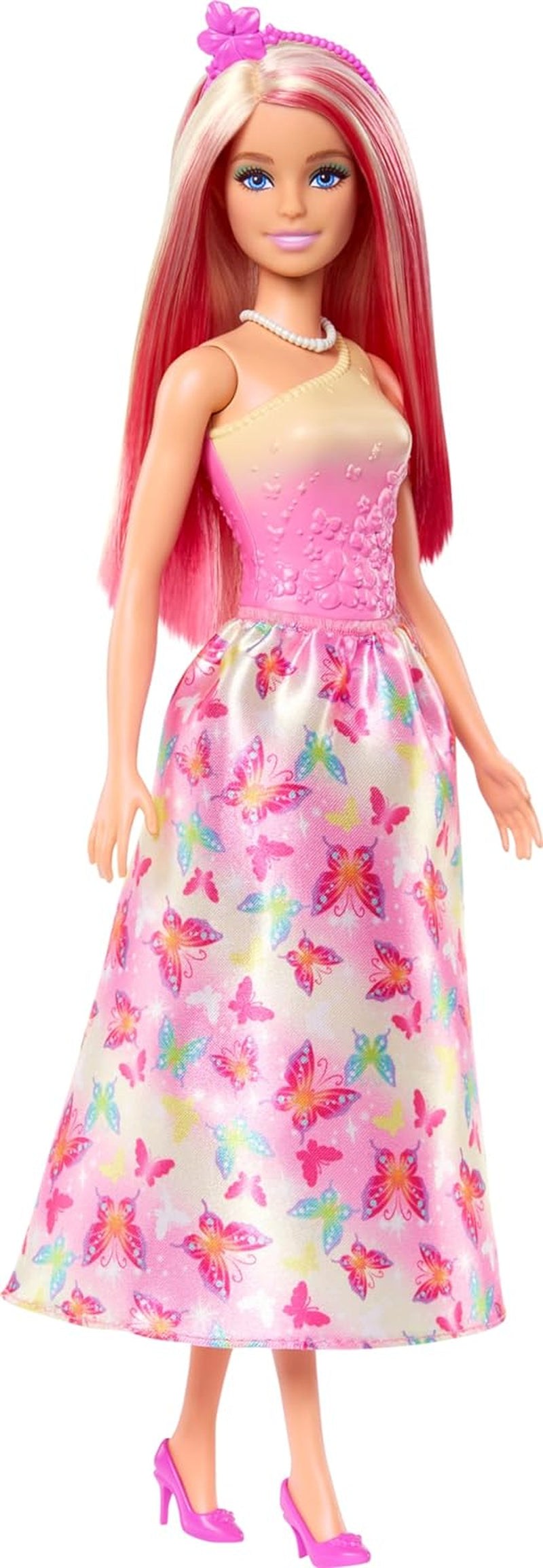 Královská panenka Barbie s efektními blond a růžovými vlasy, barevné doplňky, růžový top s přechodem a motýlí sukně, HRR08 Naty Shop Dolls Výchozí název