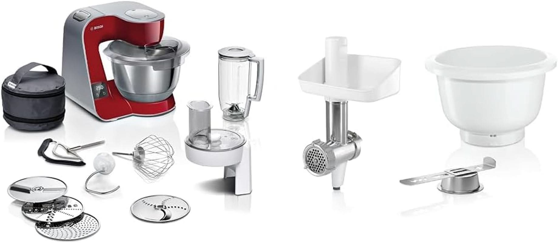 Kuchyňský robot Bosch Series 4 MUM5X720, integrovaná váha, nerezová mísa 3,9 l, mixér 1,25 l, 1000 W Příslušenství Balíček potravin a kojení Baby Naty Shop s Bakingsensation tmavě červená / stříbrná 2 příslušenství