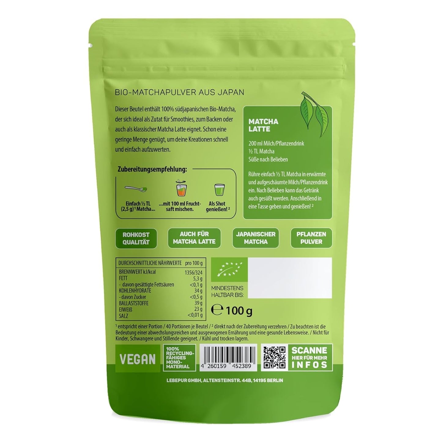 Lebepur BIO Matcha Powder 100G - Prvotřídní kvalita z Japonska Bez aditiv - 100% čistý prášek ze zeleného čaje pro Matcha Latte, Matcha Tea, Zelený čaj, Smoothie - Japonský zelený čaj