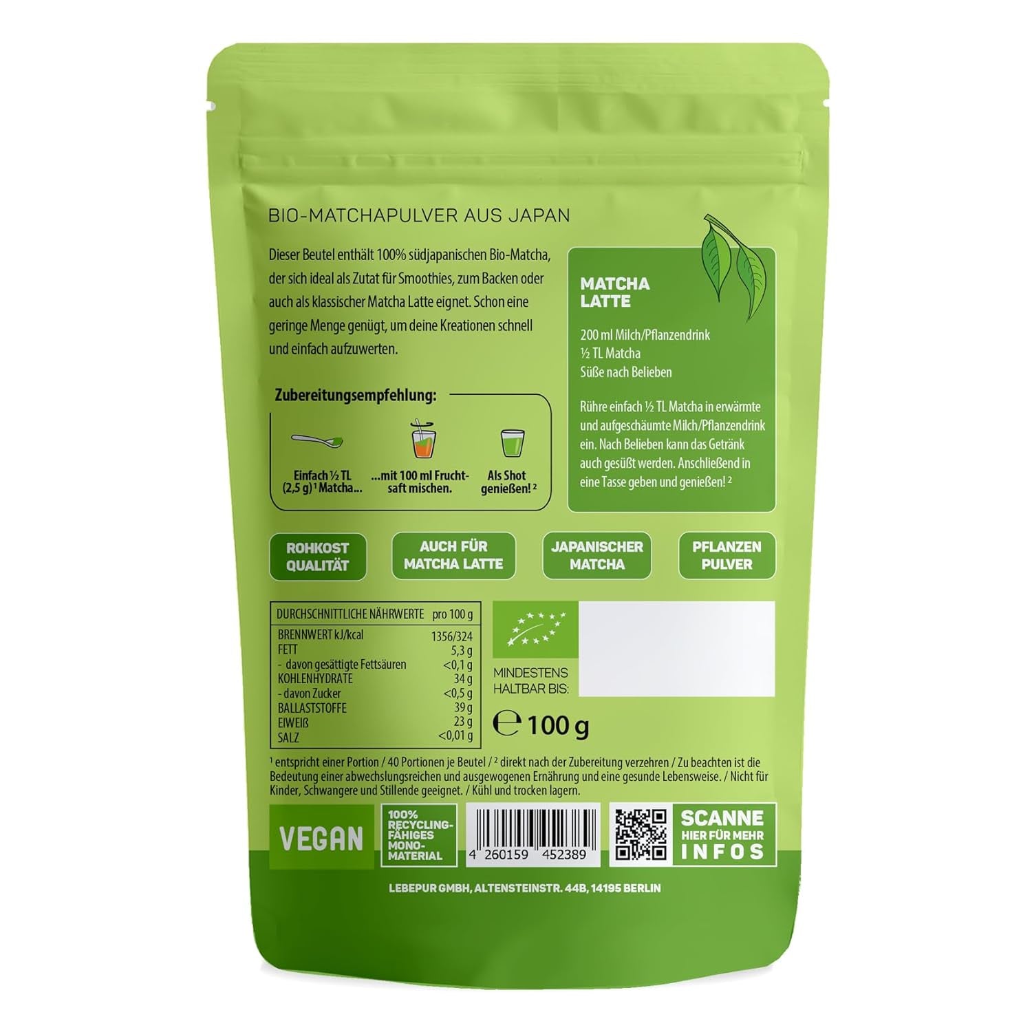 Lebepur BIO Matcha Powder 100G - Prvotřídní kvalita z Japonska Bez aditiv - 100% čistý prášek ze zeleného čaje pro Matcha Latte, Matcha Tea, Zelený čaj, Smoothie - Japonský zelený čaj