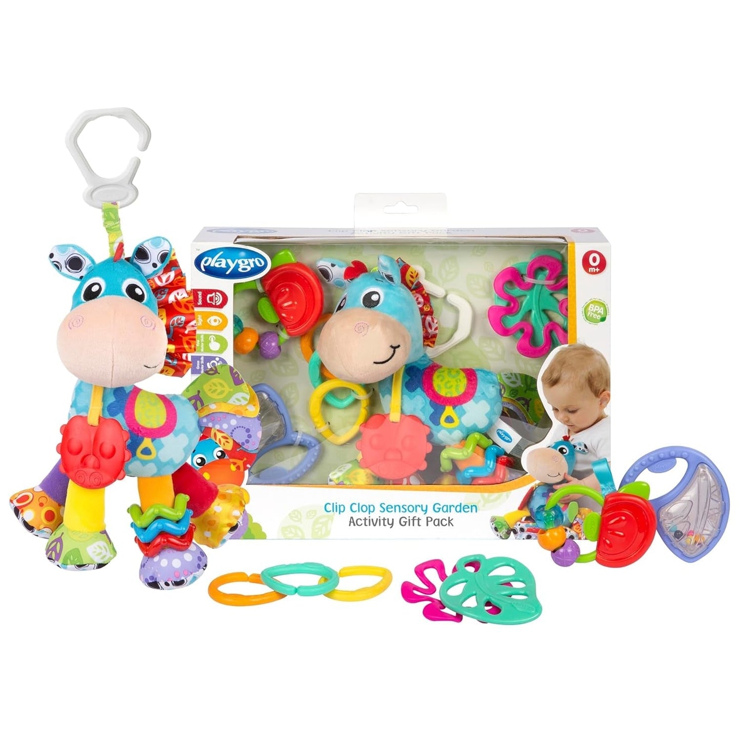 Playgro Clip Clop Dárkový balíček Sensory Garden Activity - Smyslová zahradní hračka pro miminka od 0 měsíců - Interaktivní hračka s chrastítky, kousátkem a kamarádem do kočárku - 4 kusy