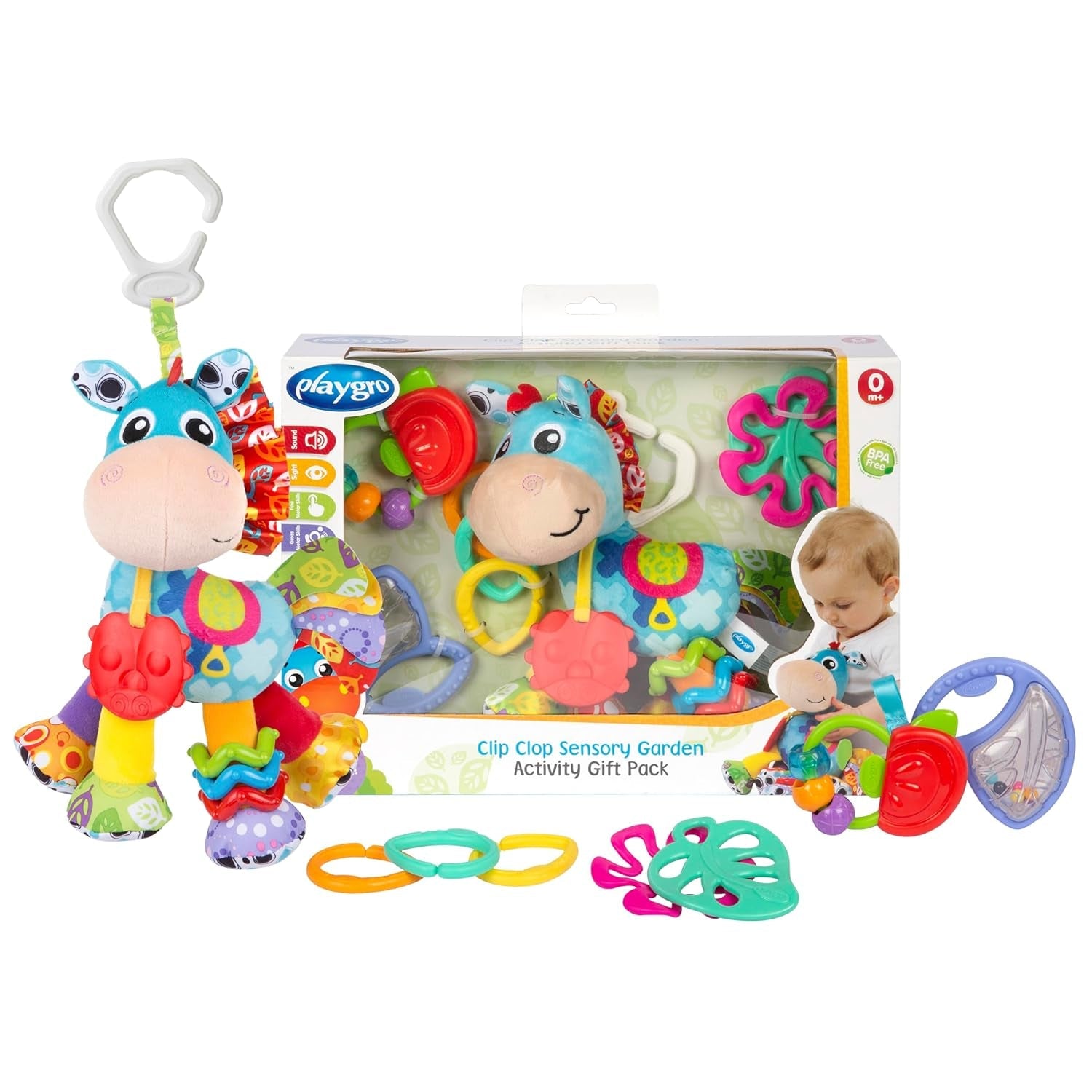 Playgro Clip Clop Dárkový balíček Sensory Garden Activity - Smyslová zahradní hračka pro miminka od 0 měsíců - Interaktivní hračka s chrastítky, kousátkem a kamarádem do kočárku - 4 kusy