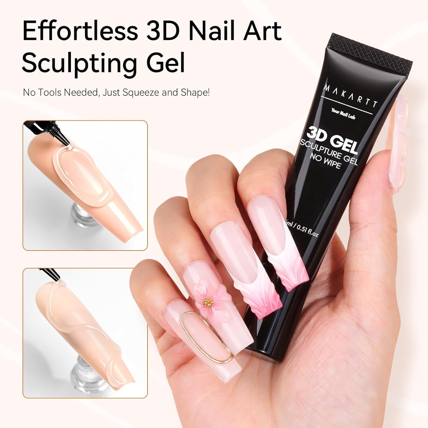 Makartt 3D Nail Art Gel - Kamínkový lepicí gel 15G na klíčenky na nehty, Multifunkční gel na tvarování nehtů pro vlastní úpravu nehtů, modeláž nehtů na modeláž nehtů doma (transparentní)