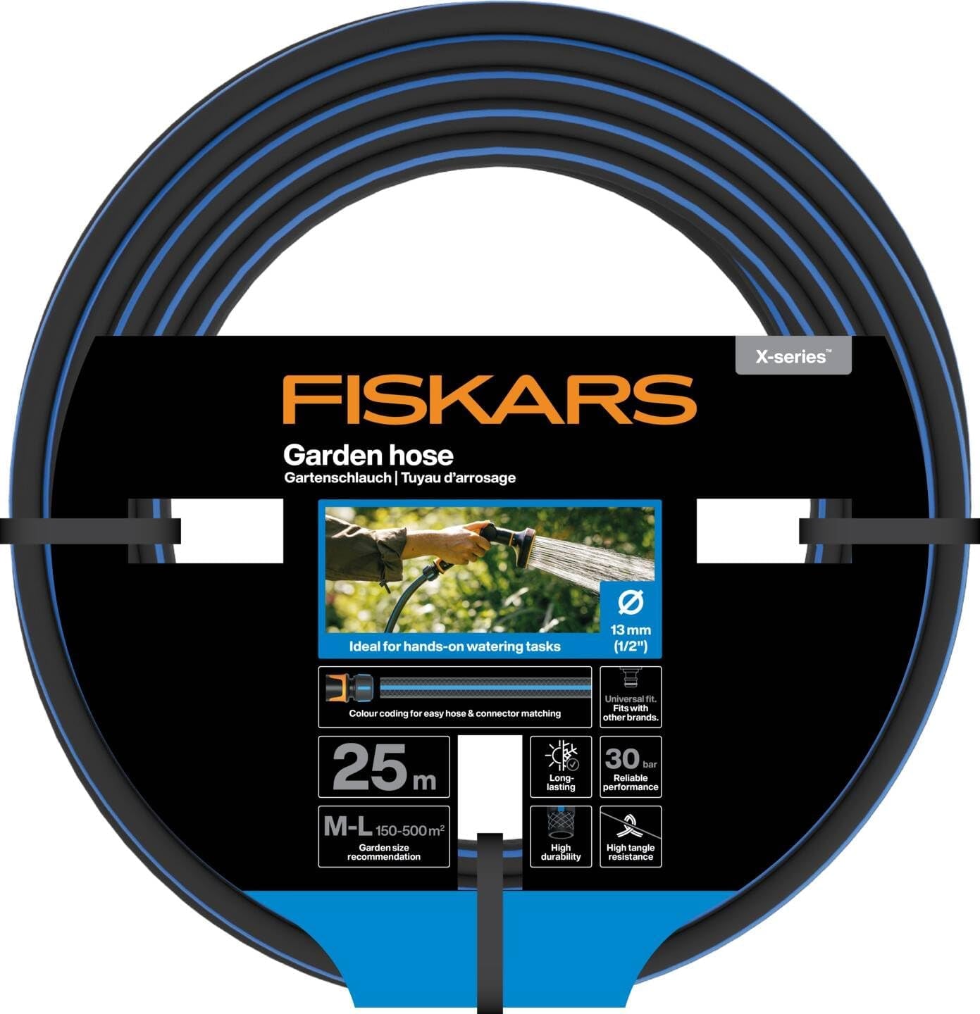 Fiskars ML zahradní hadice X Series ruční zavlažovací hadice 13 mm (1/2"), délka: 25 m, univerzální připojení, UV ochrana, ochrana proti mrazu, odolná proti zkroucení, modrá, 1076045