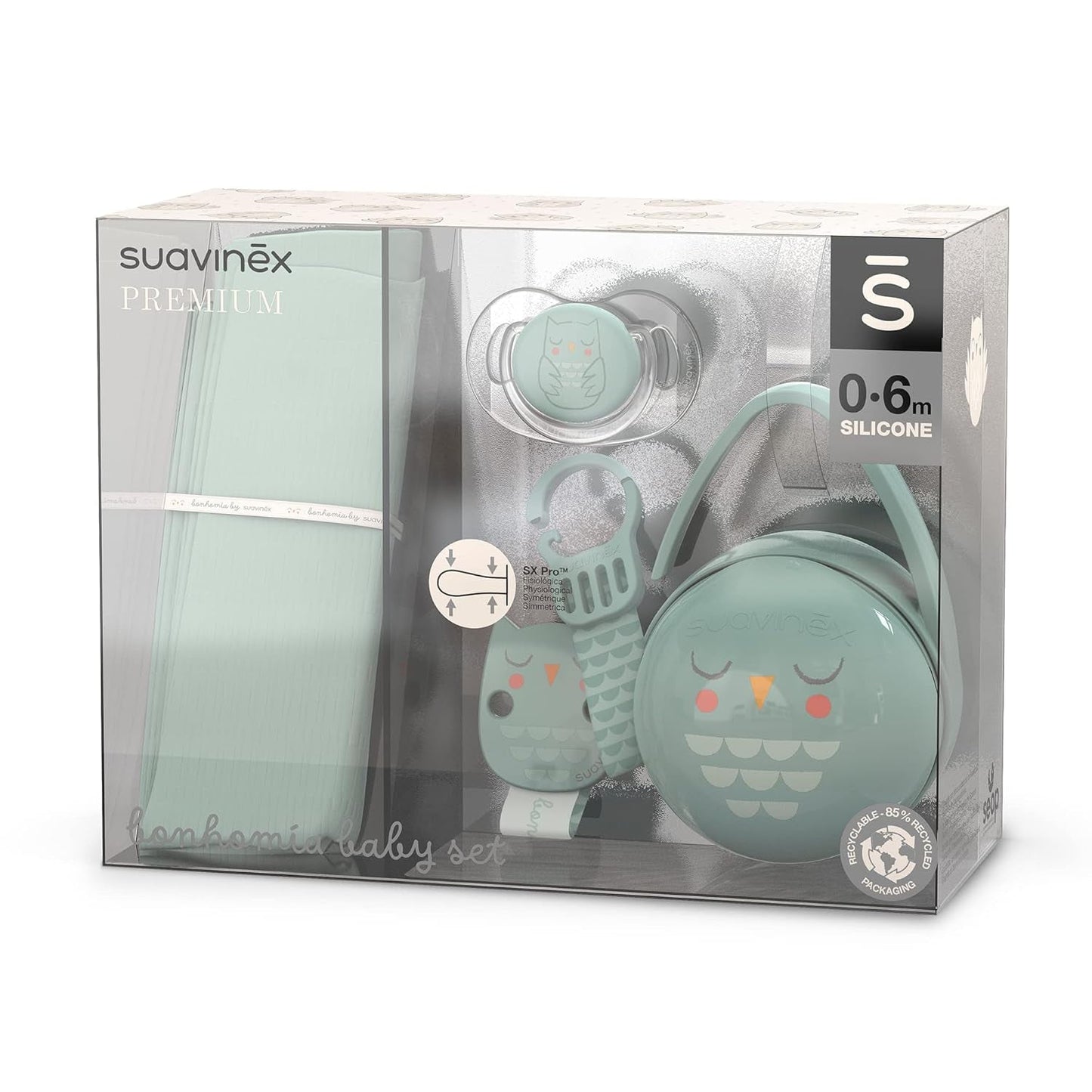 Dárková sada Suavinex pro novorozence. 4dílná sada obsahuje: Dudlík Physiological SX Pro pro miminka 0-6 měsíců + držák na dudlík + kryt dudlíku Duo + silikonový kousací kroužek. říše divů, béžová