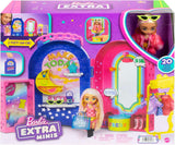 Barbie Extra mini, extra mini panenka a butiková herní sada, skříň se skříňkami, police, zrcadla, platforma 360, extra mini panenka s doplňky v růžových vlasech, HHN15