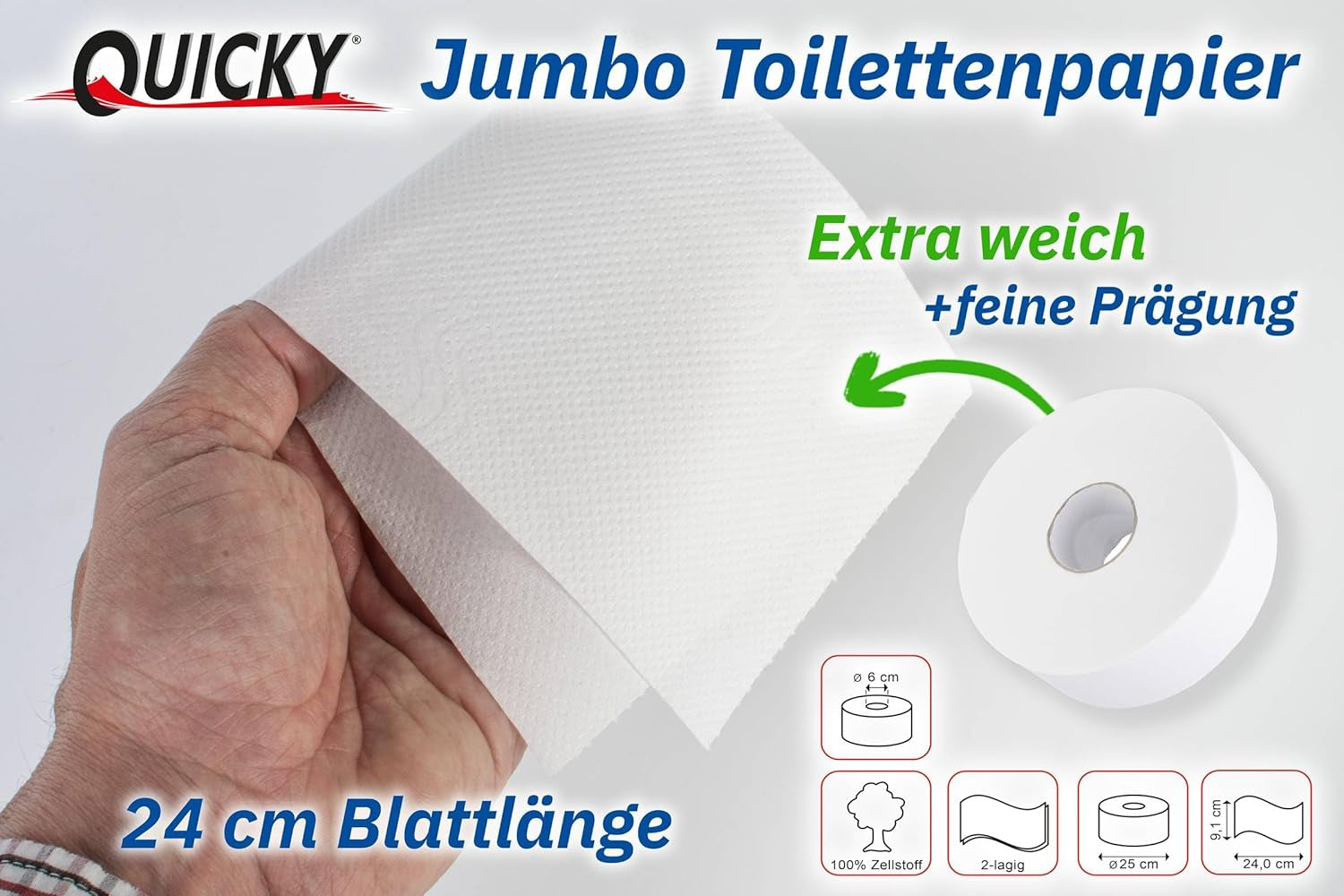 Quicky Jumbo 2vrstvý toaletní papír, Ø 25 cm, zářivě bílý, reliéfní s jemnými tečkami, 6 rolí - savý a odolný proti roztržení pro maximální hygienu, ideální pro veřejné instituce a průmysl