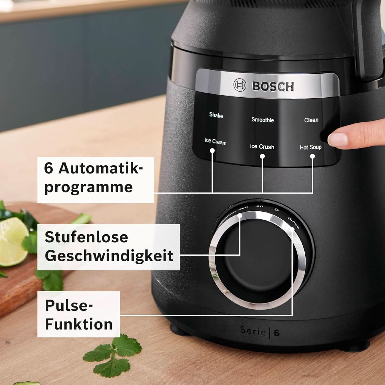 Vysokorychlostní stojanový mixér Vitapower Serie 6 MMBD665B1, 45 000 U/min, 6 programů Inkl Heiße Suppe & Reinigung, 2 L Mixbehälter, Stopfer, Spülmaschinenfeste Teile, Made in Europe, 1800 W, Schwarz Kitchen Naty Shop
