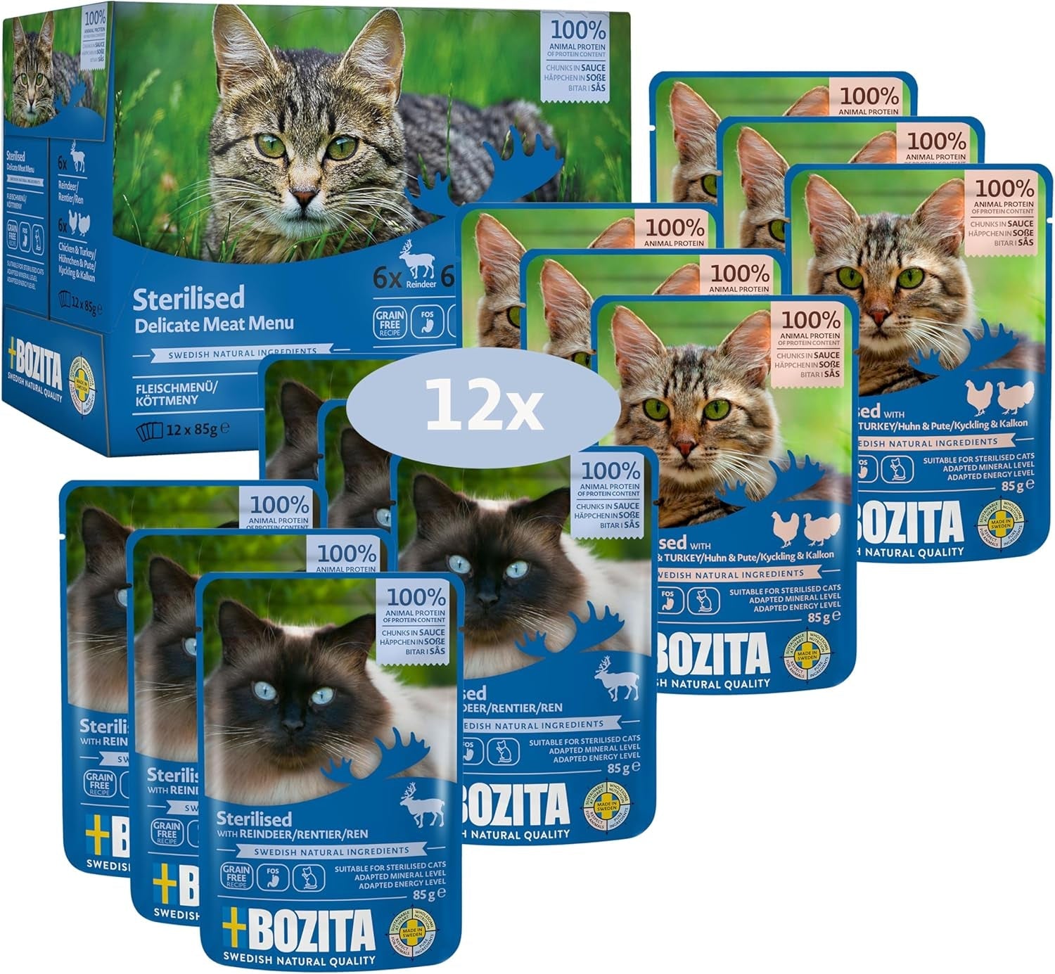 Bozita Sterilized Mokré krmivo Multibox - Kousky v masové omáčce - 12 porcovaných sáčků x 85 g Směs bez obilovin a pšenice - Krmivo pro kočky s 8,5 % bílkovin a 3,5 % tuku