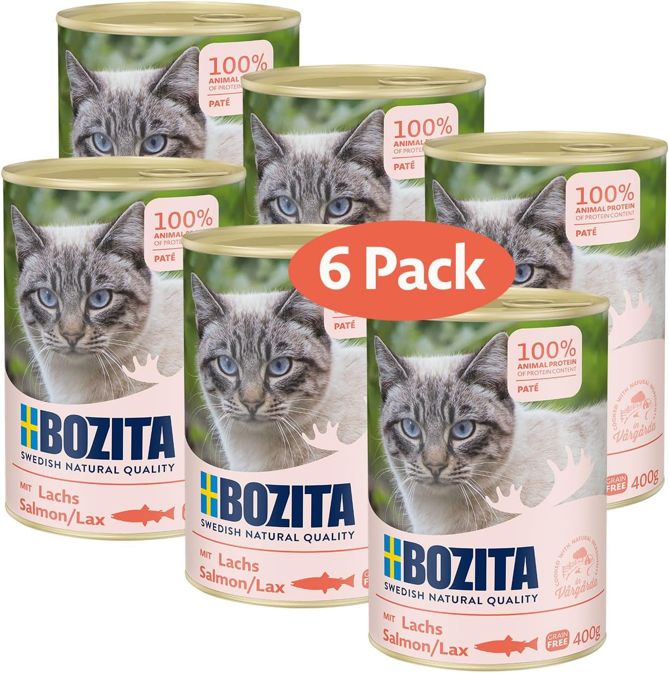 Bezobilná lososová paštika Bozita – 6 x 400 g mokrého krmiva pro kočky a koťata. Kompletní krmivo s 9,5 % bílkovin a 5 % tuku, vyrobené z vysoce kvalitních přírodních surovin, bez obilovin – ze Švédska