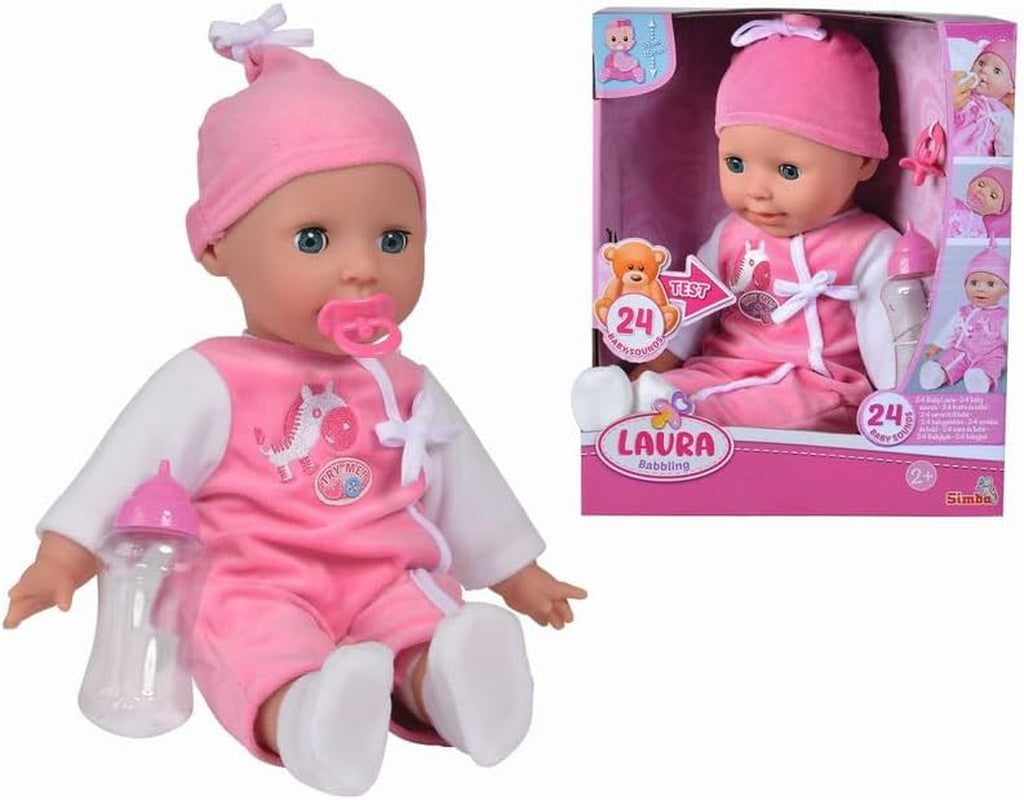 Simba 105140489 - Panenka Laura Baby Talk, 38 cm panenka s měkkým tělem a ospalýma očima v roztomilém overalu, 24 dětských zvuků, panenka na hraní, panenka, věk 2+