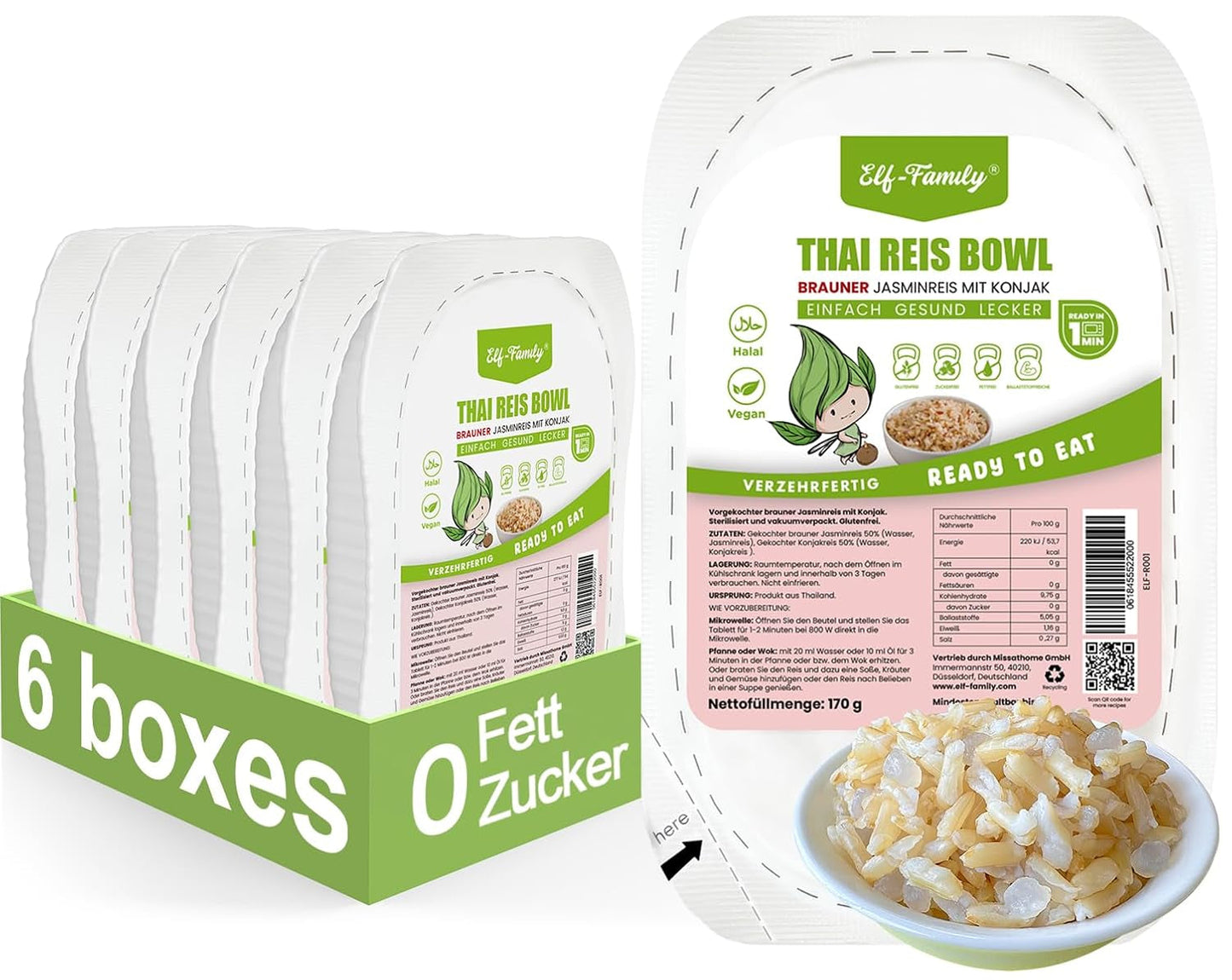 Elf-Family Konjak Reis Thai Brauner Shirataki Bowl -[Diätbox für 1 Wo.] - Instantní Jasmin Reis - Fertiggerichte für Mikrowelle - Natürlich Superfoods Mikronährstoffe - Vegan/Low Carb/Fettfrei- 6er Box