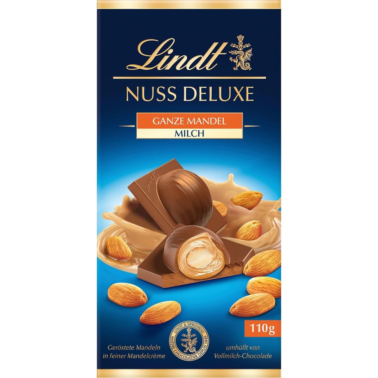 Lindt Čokoláda | NUT DELUXE Čokoládová tyčinka s mlékem a mandlemi | 110 g | Mléčná čokoláda s praženými mandlemi v hladkém mandlovém krému | Čokoládová tyčinka
