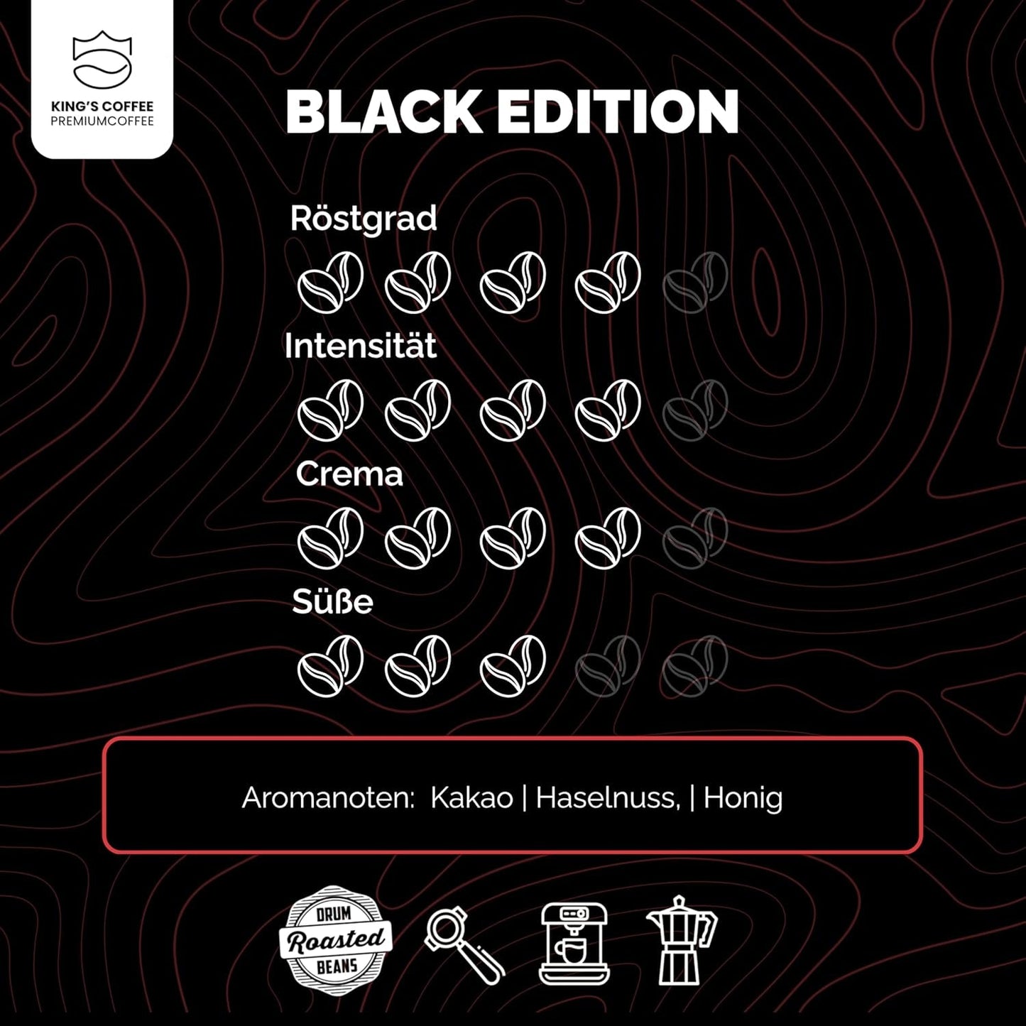 KING'S COFFEE - BLACK EDITION - 1 kg Intense smetanová zrnková káva - Káva s nízkou kyselostí - Malá dávka pražená z Itálie - Silná zrna Arabica Espresso (směs) pro plně automatické a portafiltrační stroje
