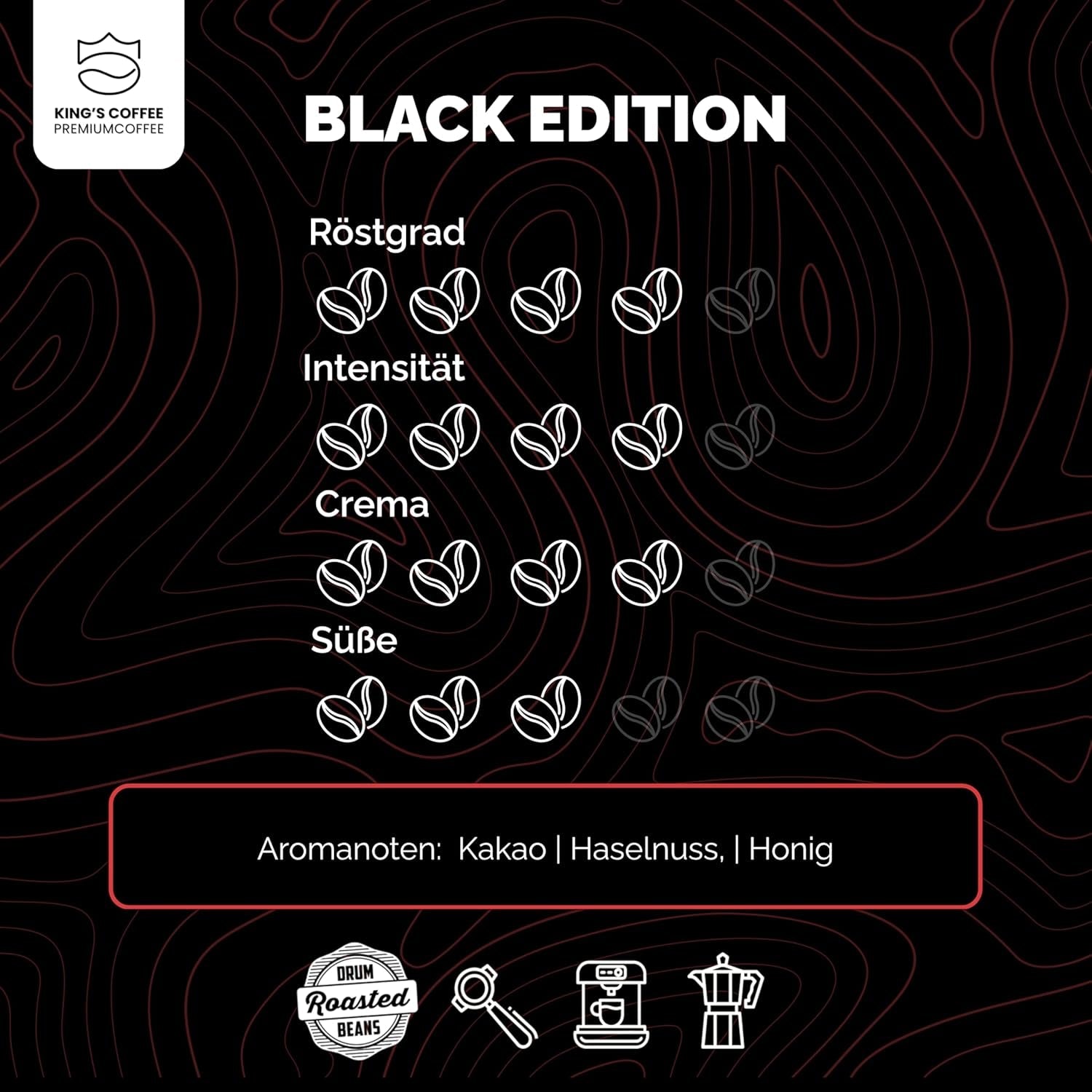 KING'S COFFEE - BLACK EDITION - 1 kg Intense smetanová zrnková káva - Káva s nízkou kyselostí - Malá dávka pražená z Itálie - Silná zrna Arabica Espresso (směs) pro plně automatické a portafiltrační stroje