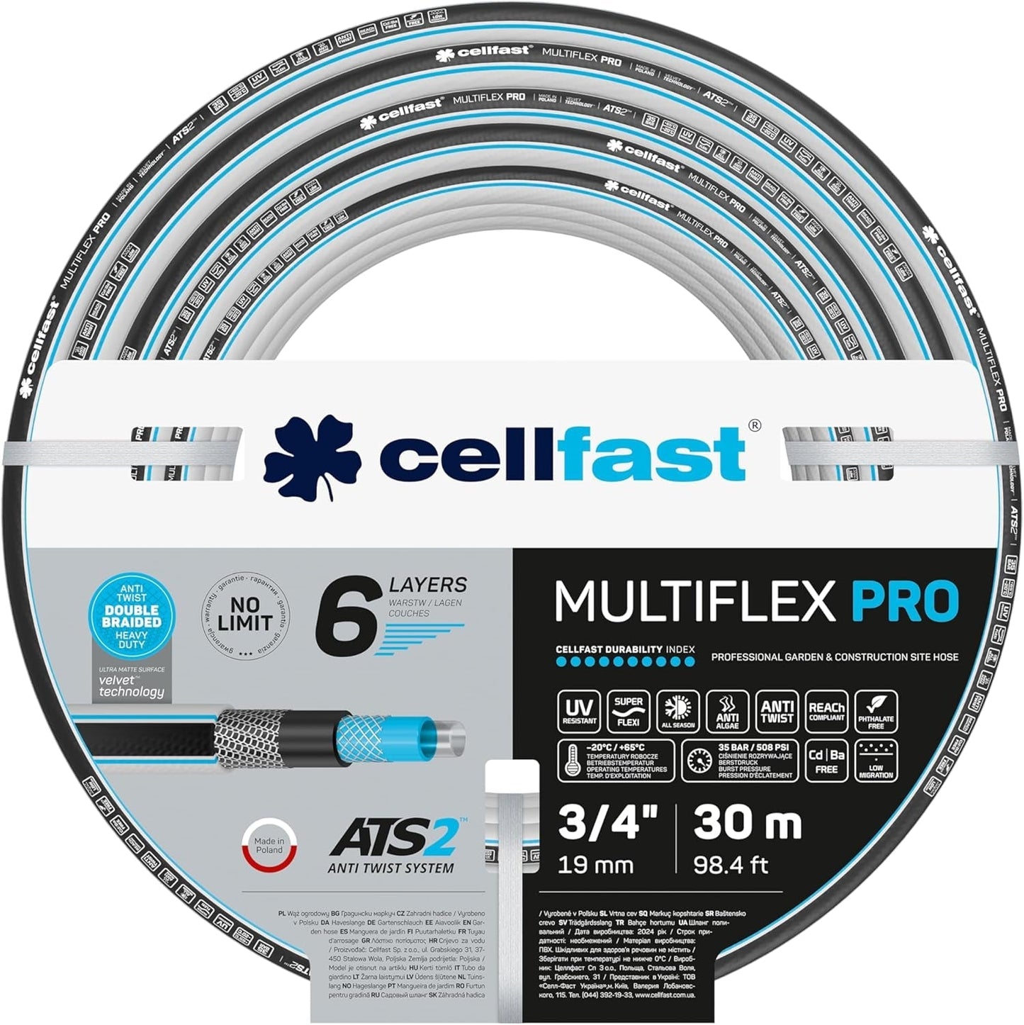 Zahradní hadice Cellfast MULTIFLEX PRO, odolná, 6 vrstev, pletený oplet ATS2, odolný proti UV záření a řasám, bez těžkých kovů, sametová technologie, 35 bar, -20/+65°C, 3/4", 30m