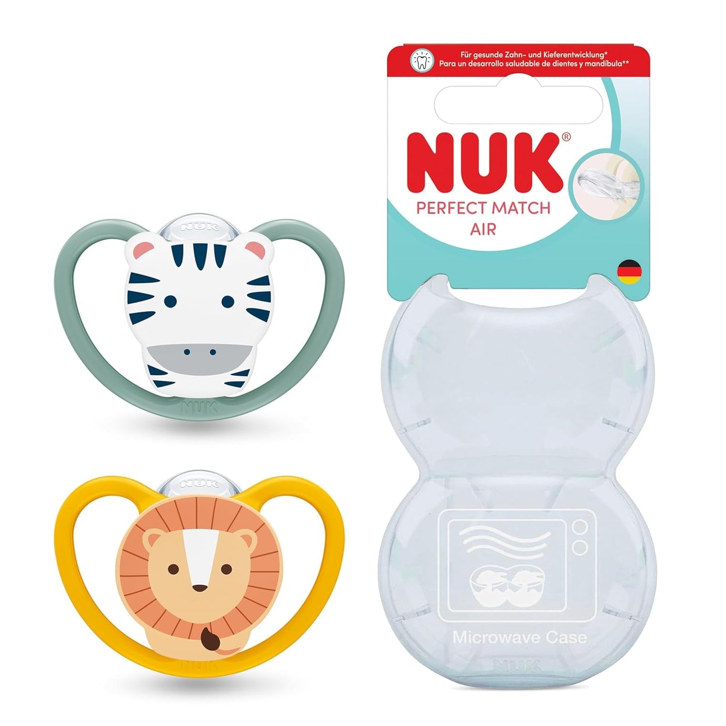 Dudlíky NUK Perfect Match pro miminka | 6-18 měsíců | Ortodontické dudlíky, které podporují cirkulaci vzduchu a zabraňují vyrážkám způsobeným slinami | 95% přijetí miminky** | Zebra/Leo | Balení 2