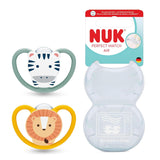 Dudlíky NUK Perfect Match pro miminka | 6-18 měsíců | Ortodontické dudlíky, které podporují cirkulaci vzduchu a zabraňují vyrážkám způsobeným slinami | 95% přijetí miminky** | Zebra/Leo | Balení 2