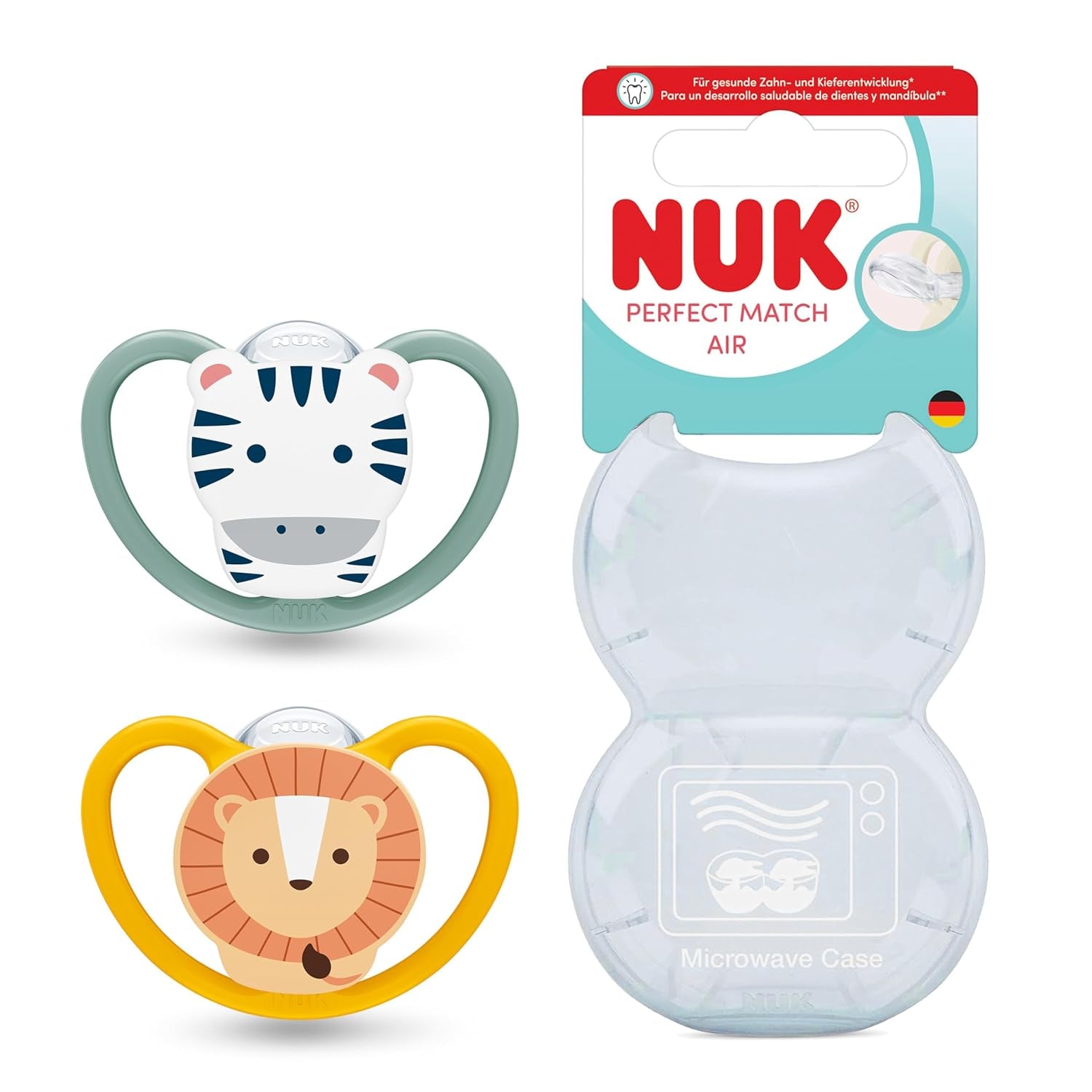 Dudlíky NUK Perfect Match pro miminka | 6-18 měsíců | Ortodontické dudlíky, které podporují cirkulaci vzduchu a zabraňují vyrážkám způsobeným slinami | 95% přijetí miminky** | Zebra/Leo | Balení 2