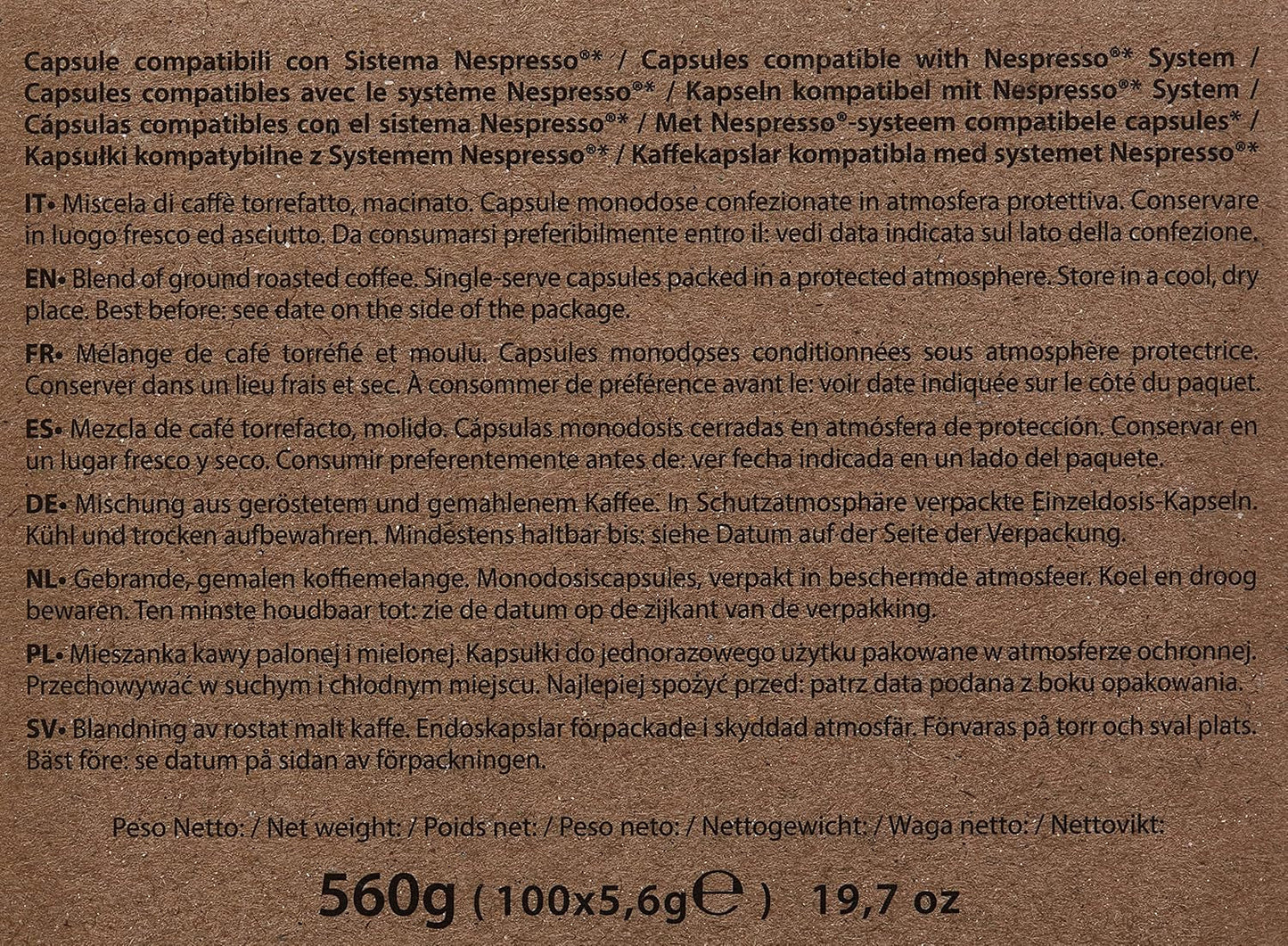 Kávové kapsle Decaffeinato Kompatibilní s Nespresso 5,6 g x 100 kapslí