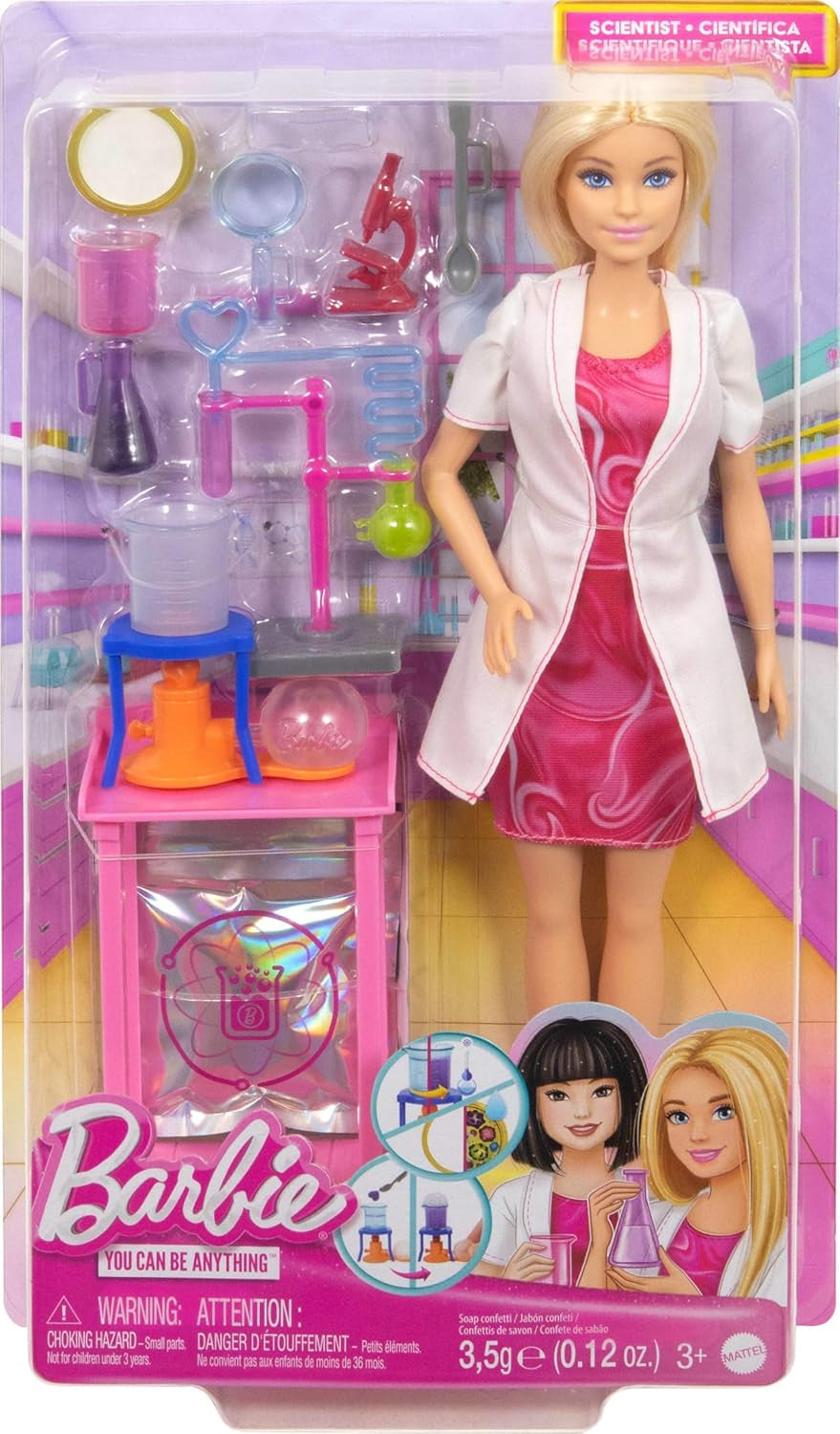 Panenka Barbie Scientist a doplňky s módní blonďatou panenkou, laboratorním stolem, mikroskopem, kádinkou měnící barvu a Petriho miskou, JCR70
