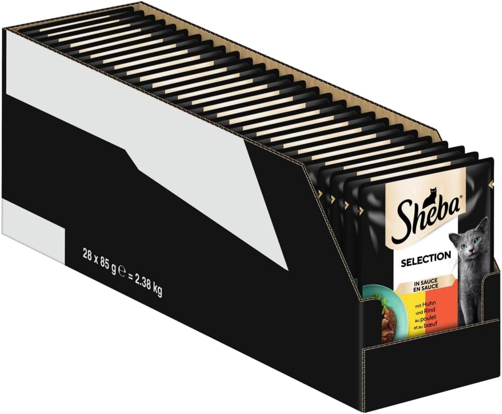 Mokré krmivo pro kočky Sheba Selection v porcovaných sáčcích s kuřecím a hovězím masem v omáčce 28x85g
