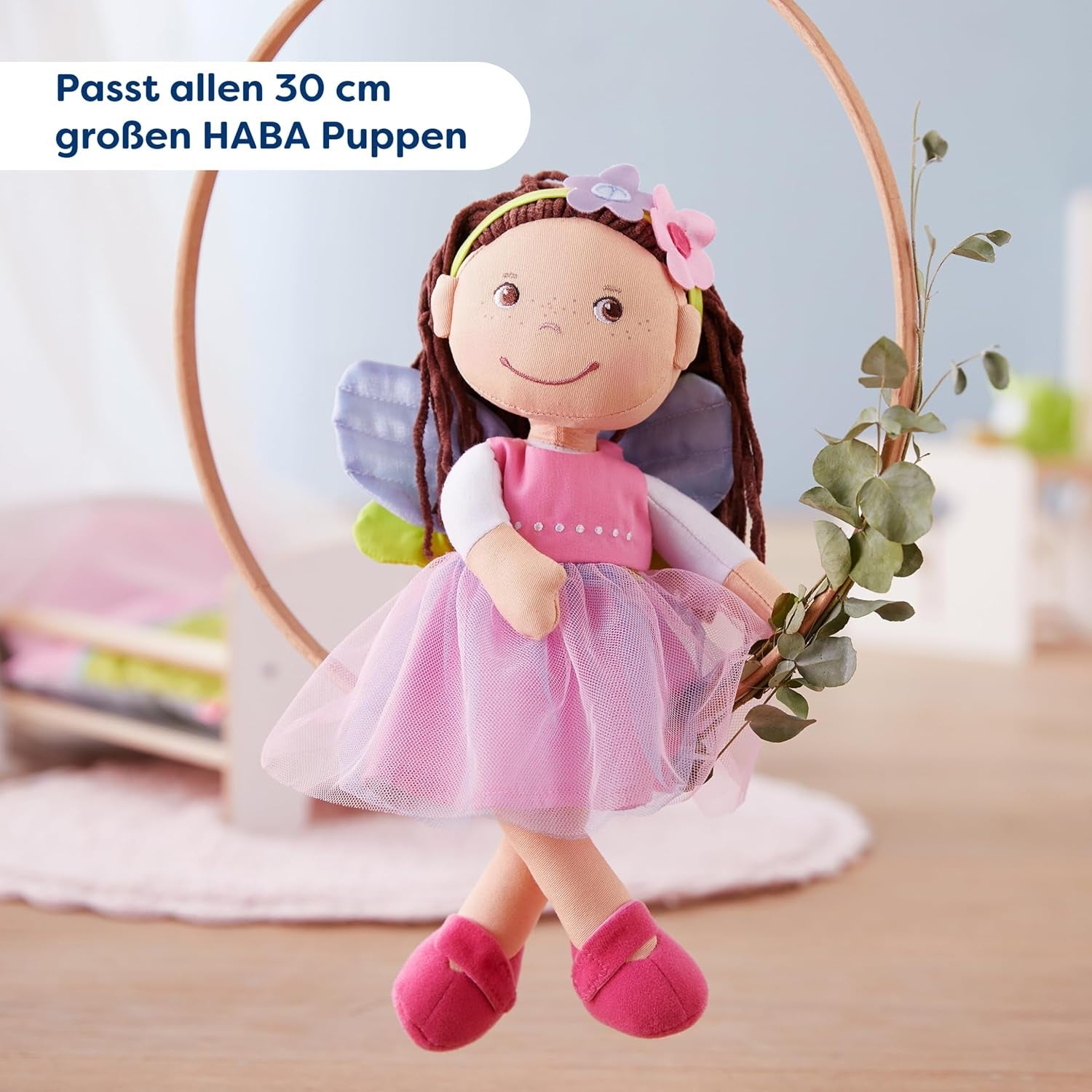 Oblečení kouzelné panenky HABA Fairy - 2dílná sada pro 18 měsíců a panenky (30 cm) - Tylové šaty s křídly, květinový pásek do vlasů v ceně - 1306243001