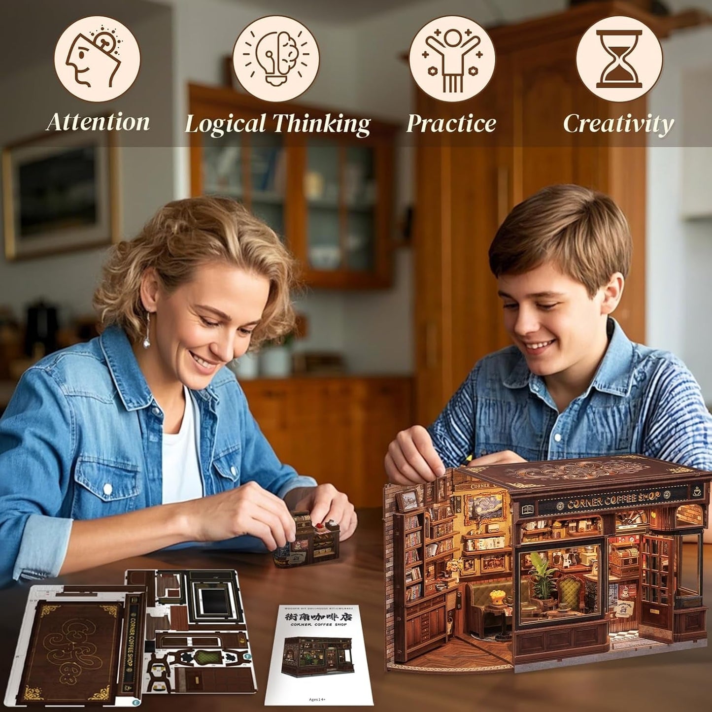 CUTEBEE Book Corner Kit – DIY domečky pro panenky, LED svítící sada miniaturního domečku pro dospělé, 3D dřevěné puzzle a stojan na knihy – dekorace a dárek do police (rohová kavárna)
