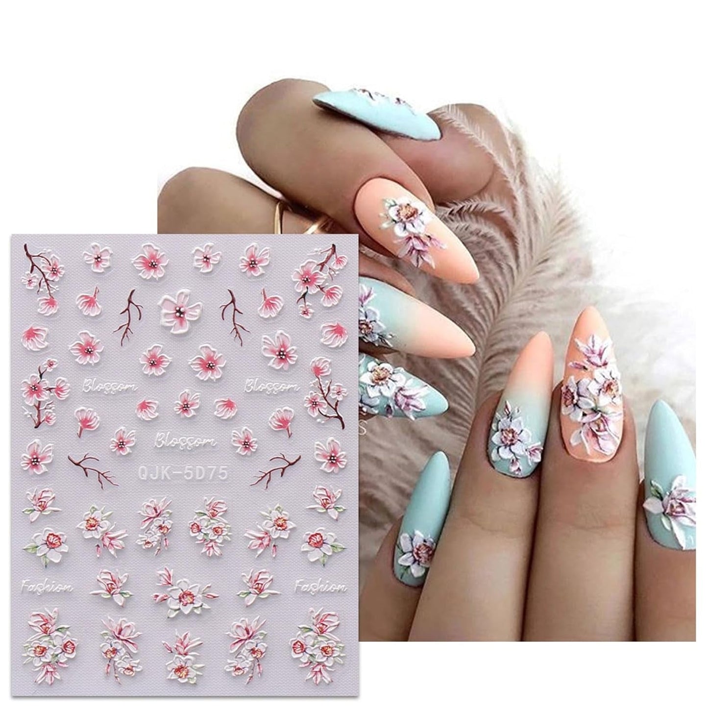 JMEOWIO 6 Blatt 3D Nagelsticker Frühlings Blume Nail Art Sticker Selbtklebend Nagelaufkleber 5D Stereoskopisch Bunte Summer Blumen Dekoration Nageldesign Zubehör