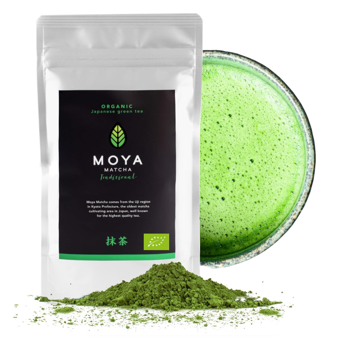 Moya Matcha organický prášek ze zeleného čaje | 100 g tradiční obřadní kvality 30 g | Ekologicky pěstované a sklizené v Uji, Japonsko | Perfektní k pití s ​​vodou, matcha latté, smoothies a limonádami