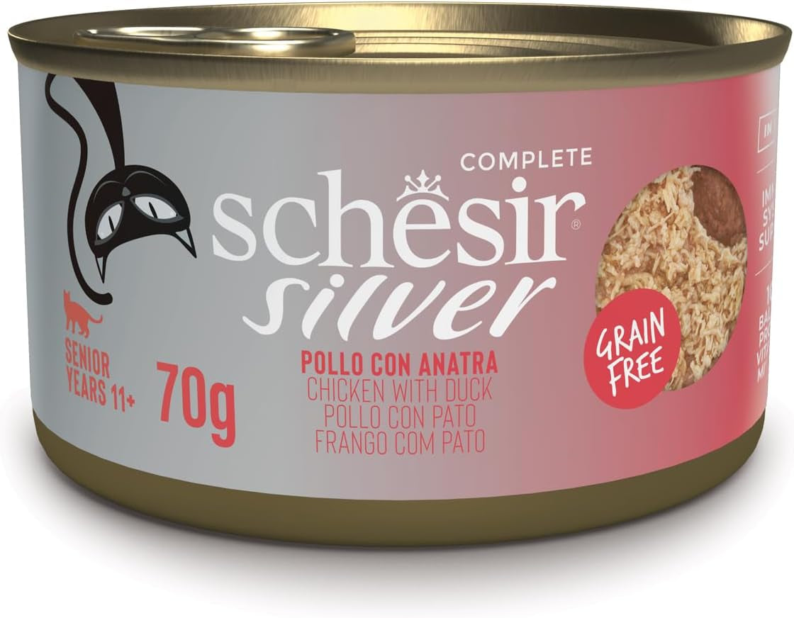 Stříbrné kuře s kachní pěnou a filety, kompletní mokré krmivo pro starší kočky, bez obilovin, podpora imunity, zdroj vlhkosti, 12 x 70 g