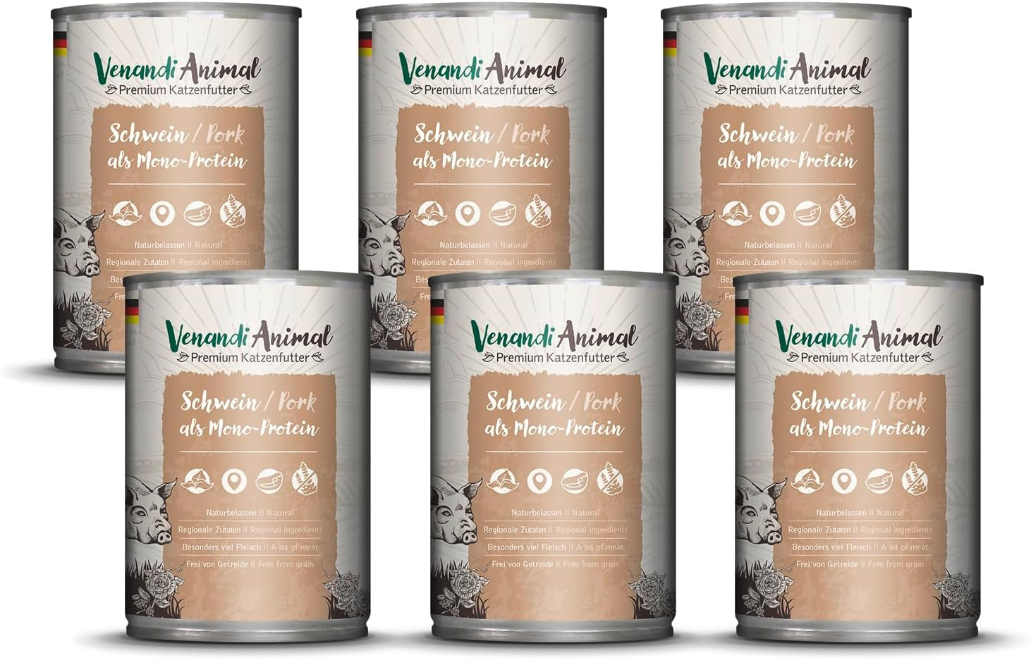 Venandi - Prémiové vlhké krmivo pro kočky - vepřové maso jako jeden protein, 6 x 400 g (balení 6 ks), bez obilovin s extra masem