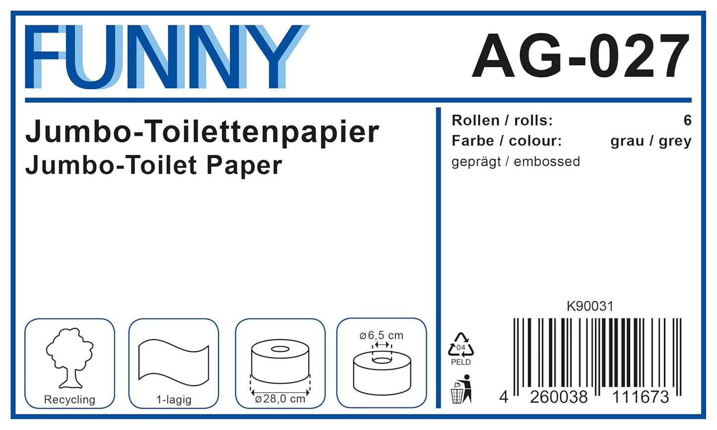 Funny AG-027 Jumbo toaletní papír, 1 vrstva, recyklovaný, průměr 28 cm (balení 6 ks)