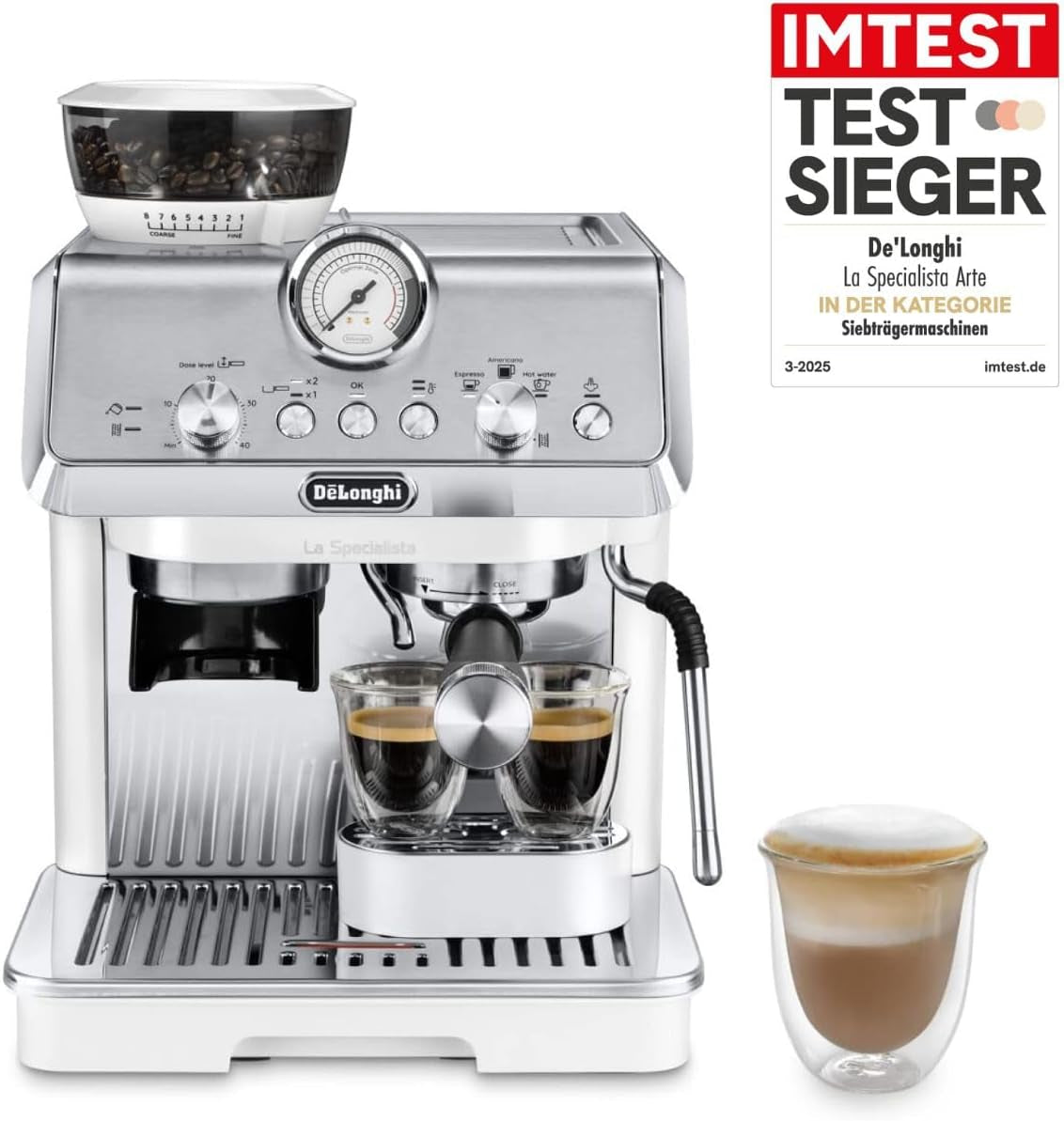 Portafiltrační espresso kávovar De'Longhi La Specialista Arte EC9155.MB s mlýnkem, 8 nastavení mletí, tlak 15 barů, 3 nastavení teploty, napěňovač mléka, 1550 W, nádrž 1,7 l, nerez/černá, včetně baristické sady