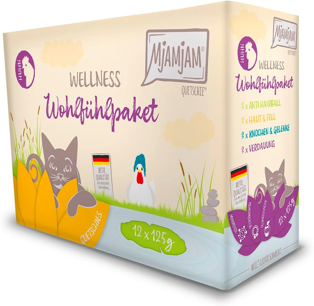 MjAMjAM - prémiové mokré krmivo pro kočky - kuřecí wellness balíček 12 balení (12 x 125 g) bez obilovin s extra masem