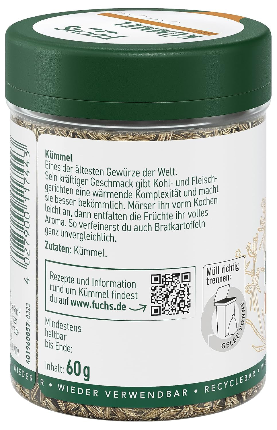 Fuchs Gewürze - Kümmel ganz - kräftiges Gewürz für Kohl- und Fleischgerichte oder zu Bratkartoffeln - přírodní složka - 60 g v wiederverwendbarer, recyclebarer Dávka