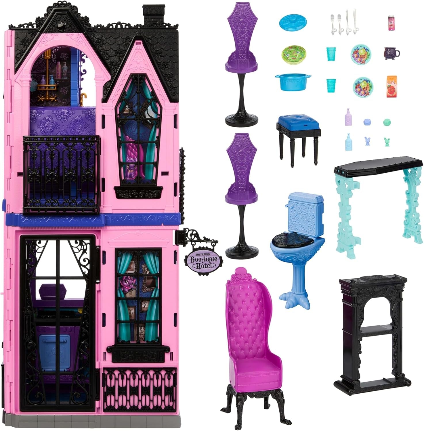 Hotelový domeček pro panenky Monster High Buh-tique, skládací herní sada s děsivými překvapeními v každém pokoji a 13+ herních sad, včetně nábytku a doplňků, JBF16