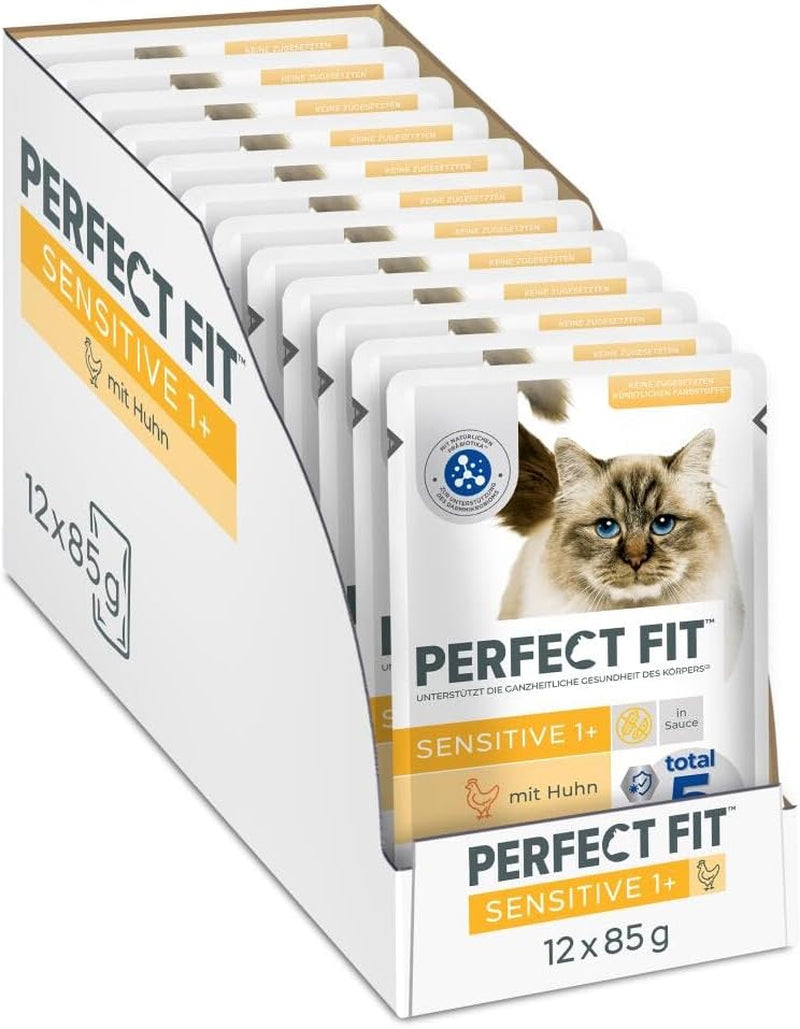 Mokré krmivo pro kočky Perfect Fit Sensitive 1+ s kuřecím masem v omáčce, 12 sáčků, 12 x 85 g - Prémiové vlhké krmivo pro citlivé kočky od 1 roku, bez pšenice a sóji, pro podporu trávení