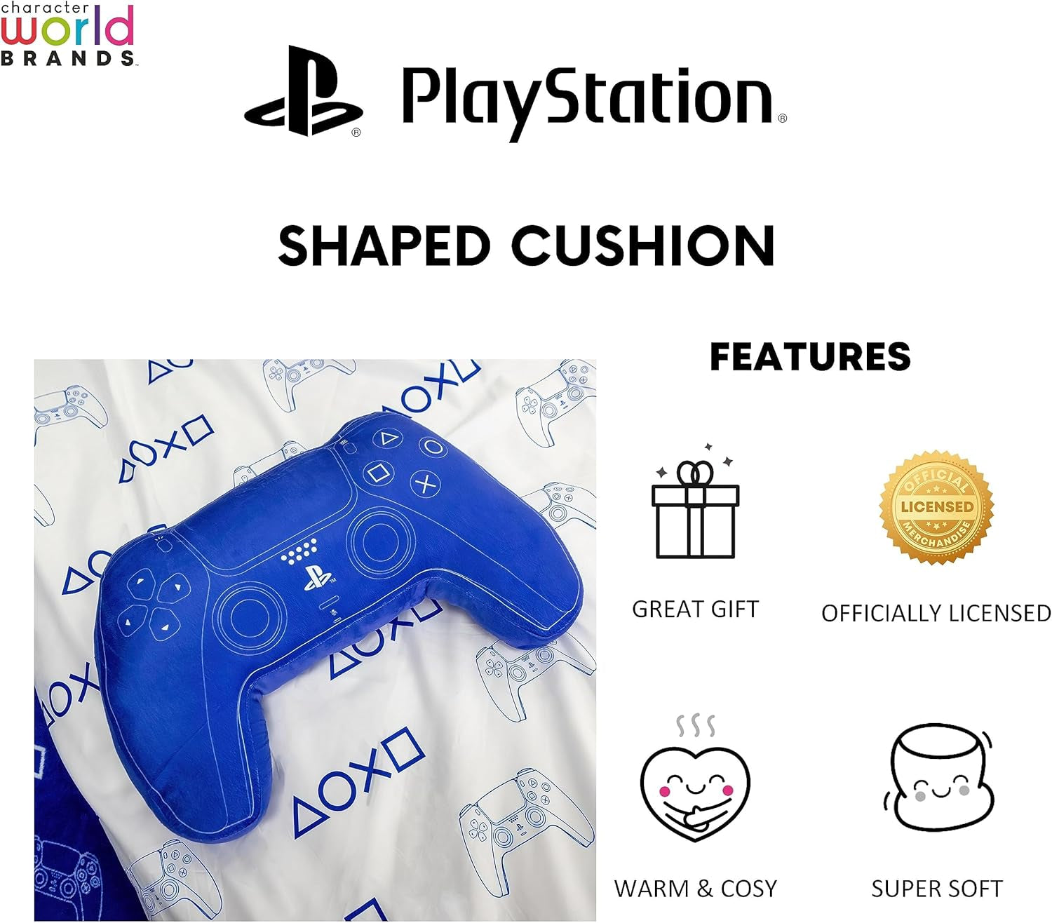 Svět postav: Oficiálně licencovaný polštář ve tvaru ovladače Playstation, design sluchátka, vycpaný plyšový polštář | Modré standardní polštáře Naty Shop, ideální do ložnice nebo na hraní