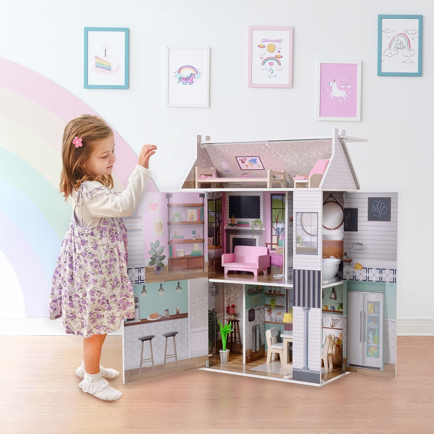 Olivia's Little World Dreamland Farmhouse Dětský interaktivní dřevěný domeček pro panenky 3 patra s 13 nábytkem pro panenky Bílá TD-13632A Domky pro panenky Naty Shop
