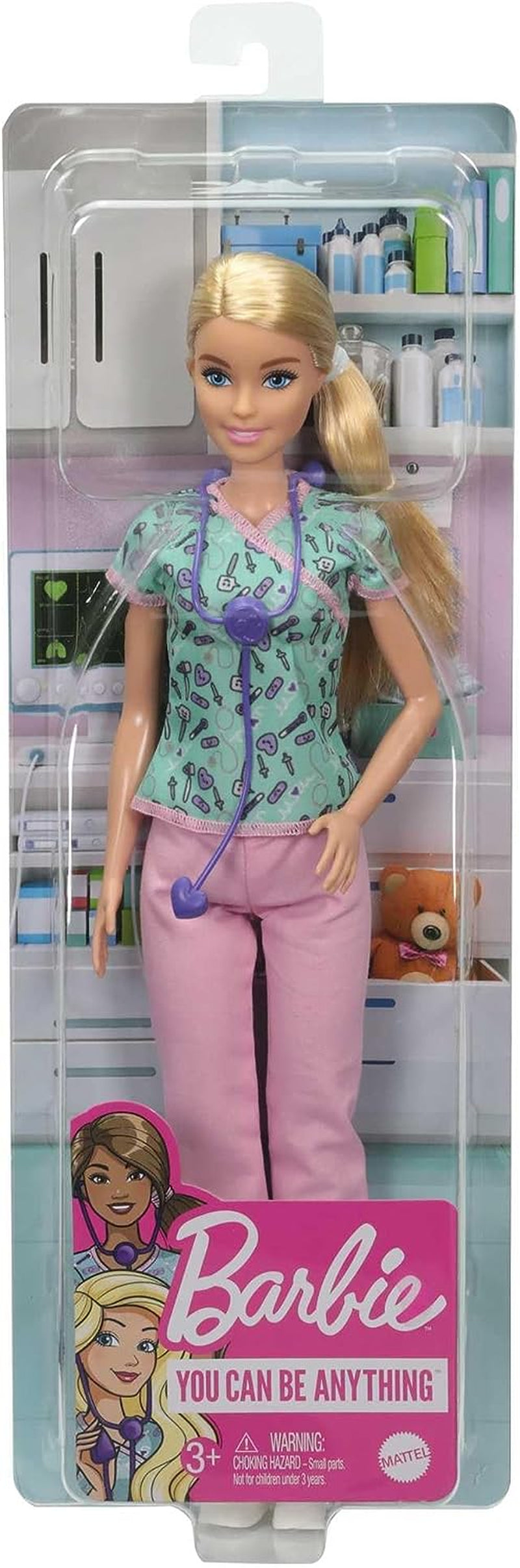 GTW39 panenka Barbie - zdravotní sestra (cca 30 cm) s potiskem a růžovými kalhotami, bílými botami a stetoskopem, skvělý dárek pro děti od 3 let