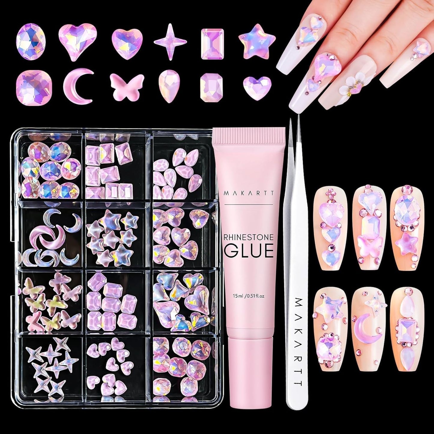 Makartt kamínkový adhezivní gel - 15ml sada UV lepidel na nehty s růžovými přívěsky na nehty Heart Circle šperky na nehty a příslušenství pro domácí manikúru dárek k Valentýnu