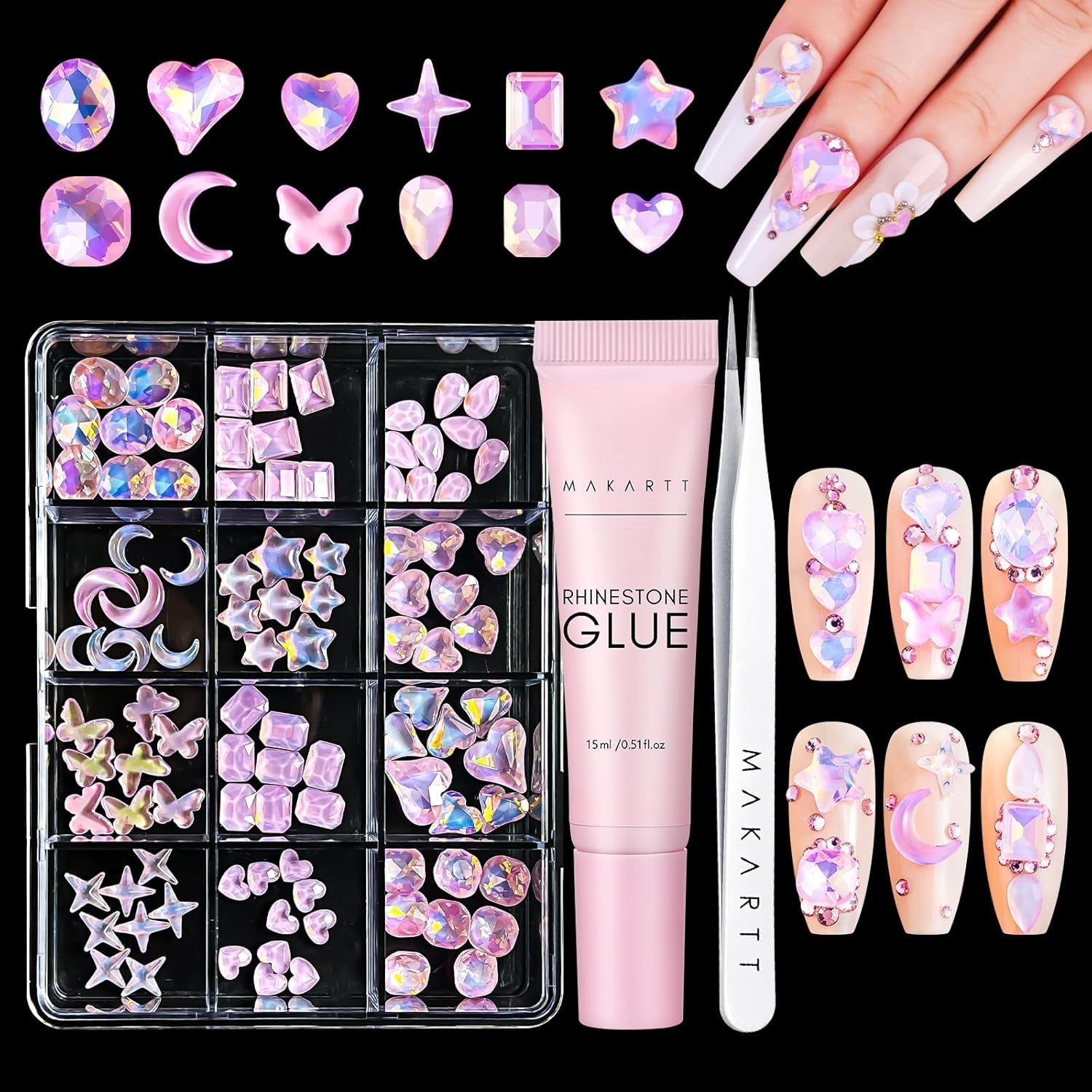 Makartt kamínkový adhezivní gel - 15ml sada UV lepidel na nehty s růžovými přívěsky na nehty Heart Circle šperky na nehty a příslušenství pro domácí manikúru dárek k Valentýnu